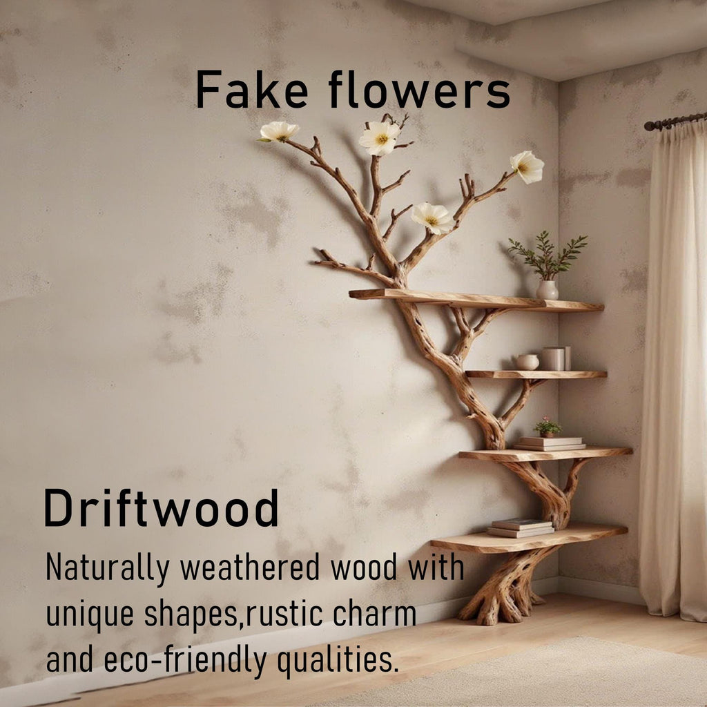 Floor bookshelf driftwood branch floating corner shelf wall mounted with fake flowers handmade furniture decor