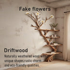 Floor bookshelf driftwood branch floating corner shelf wall mounted with fake flowers handmade furniture decor