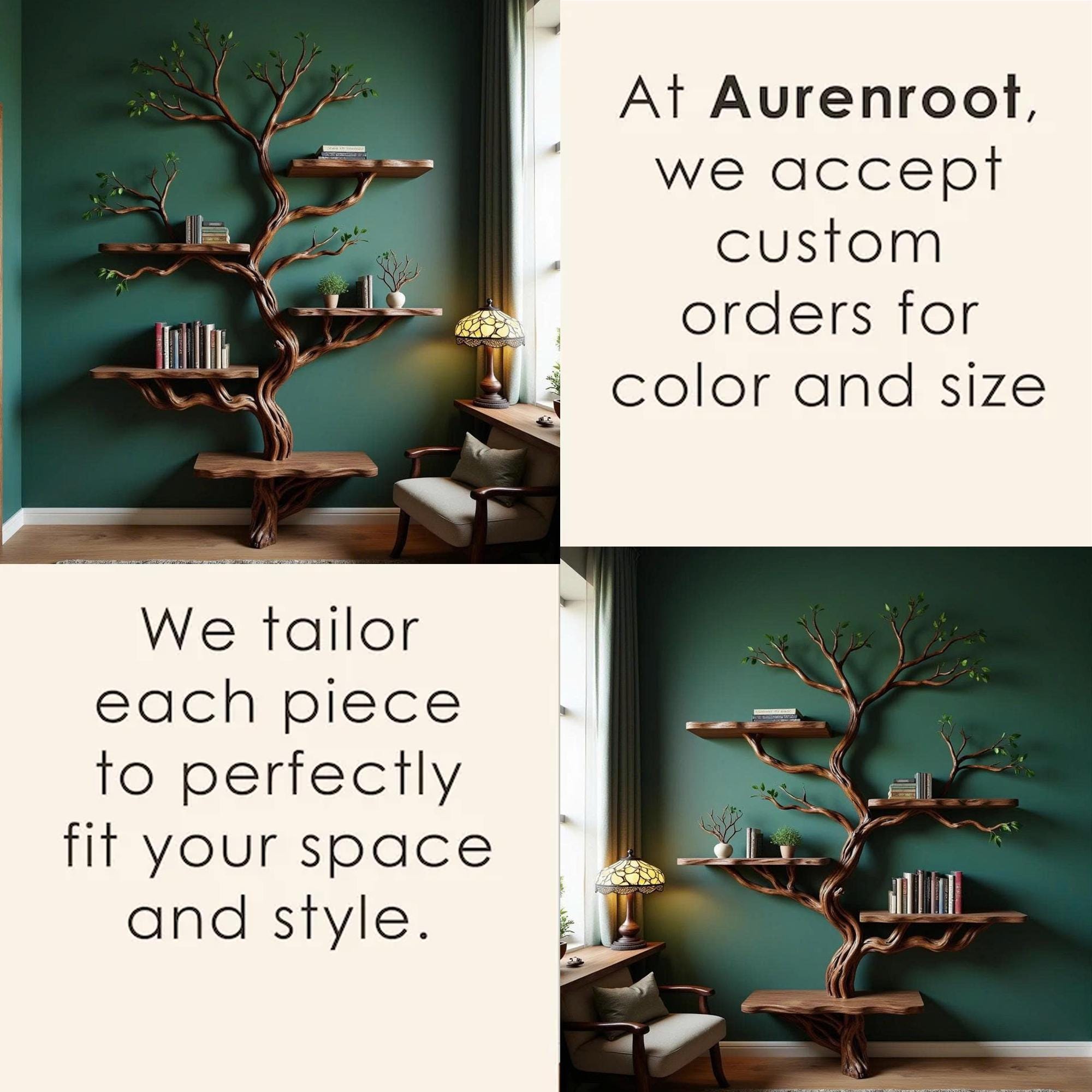 Driftwood branch tree floating shelf bookshelf solid wood bookcase home decor for living room