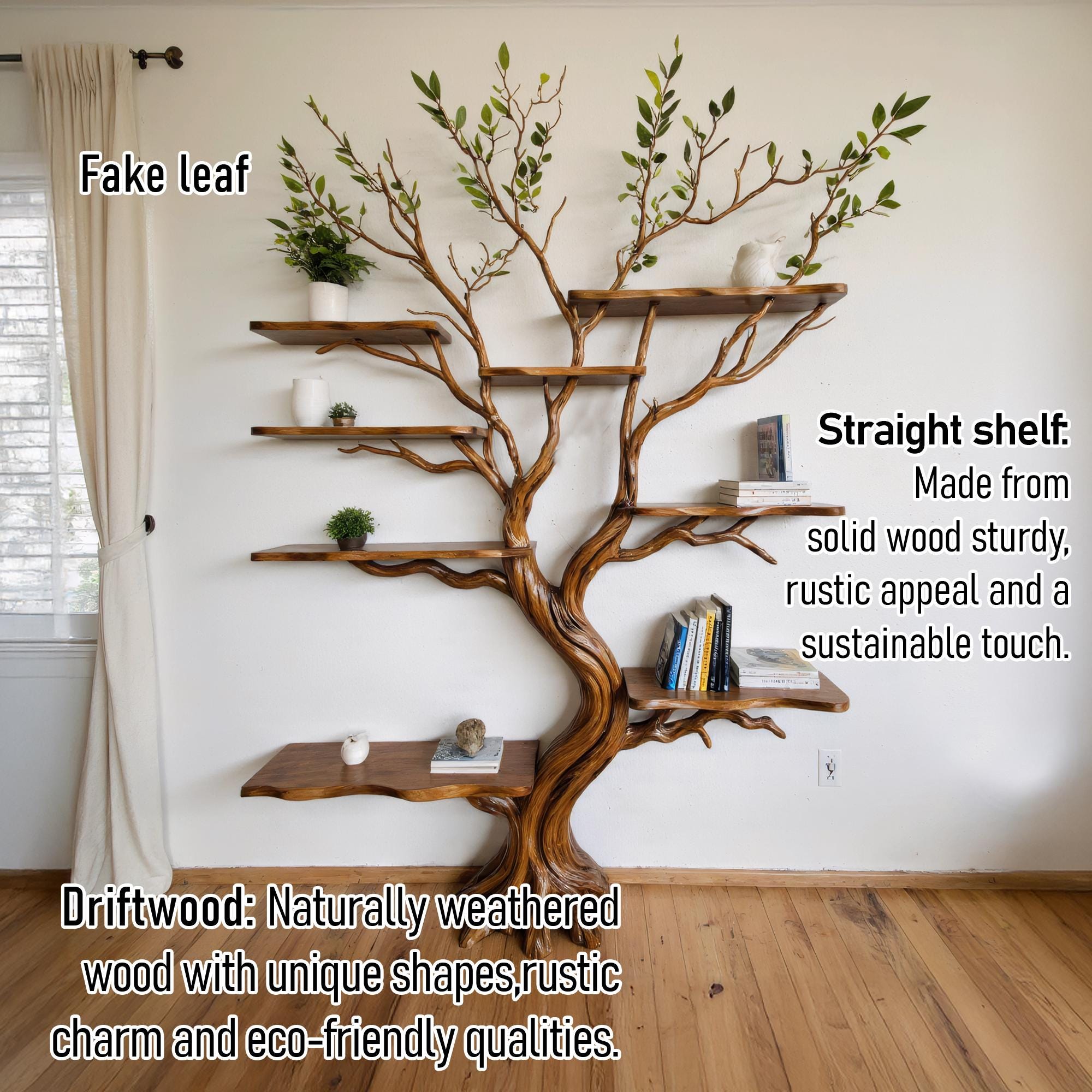 Tree bookshelf driftwood branch shelf on wall mount art solid wood bookcase unique bookshelves decor for living room