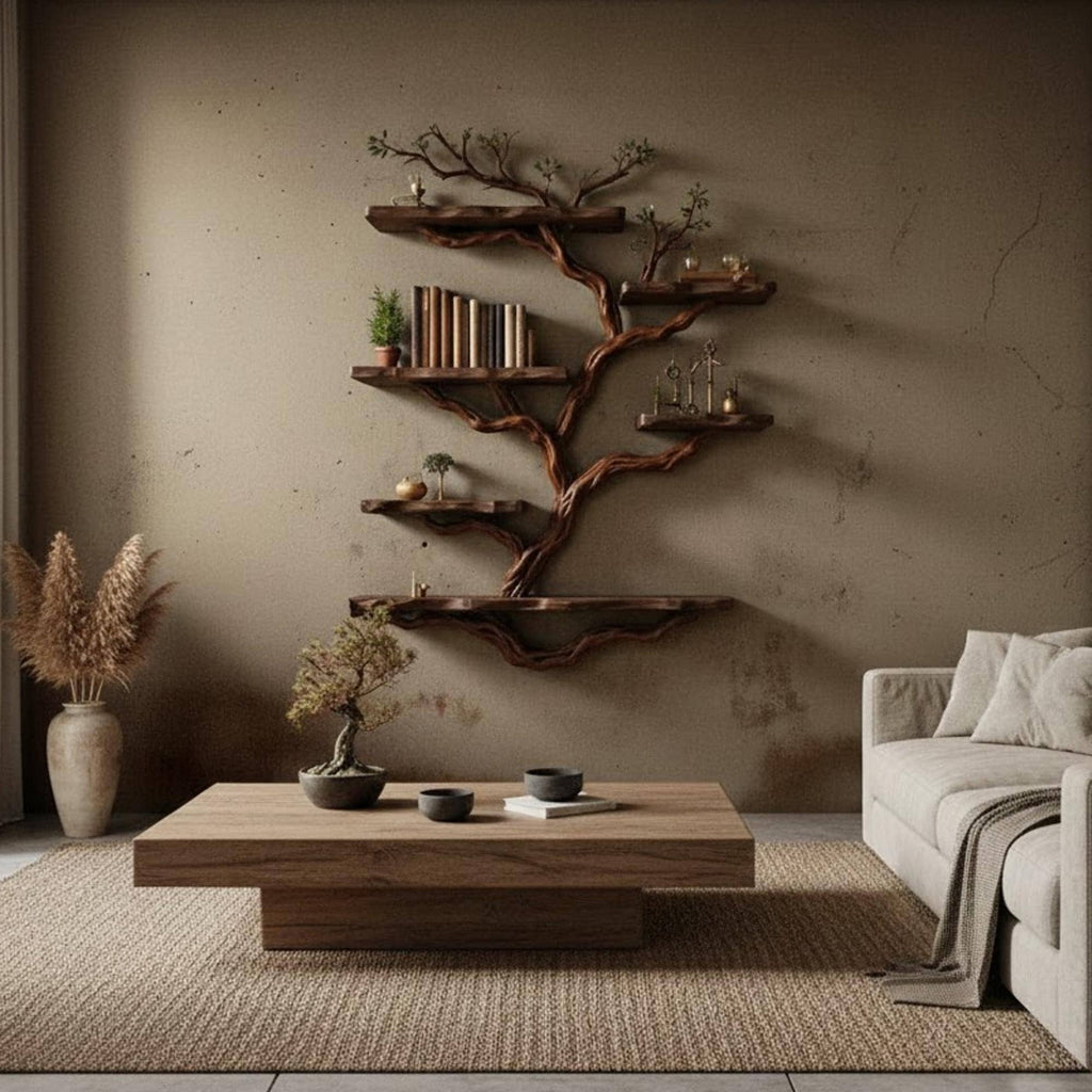 Natural driftwood tree bookshelf branch shape floating bookcase wall mount sculpture furniture