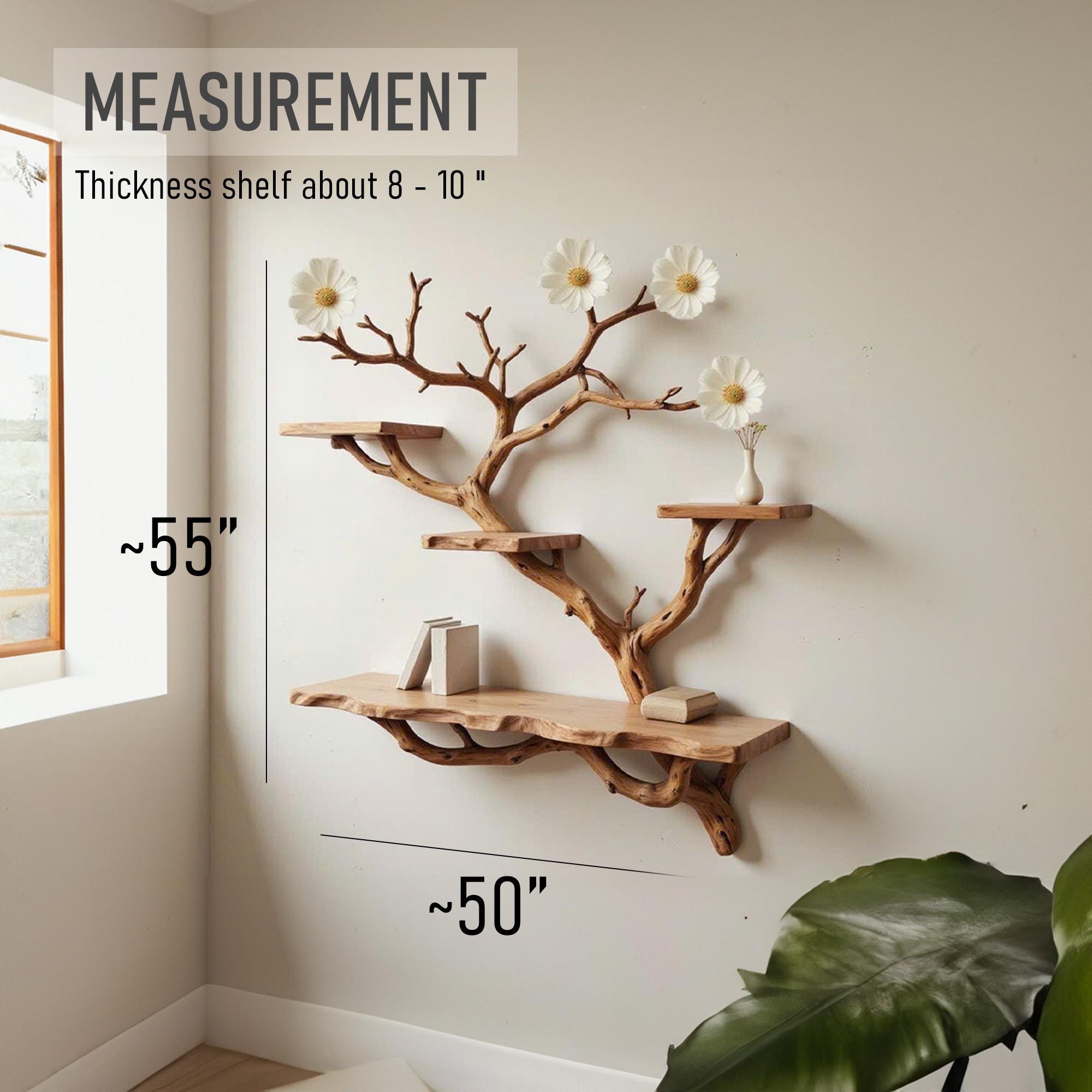 Floating tree bookshelf wall mount solid wood unique shelving driftwood branch wall art