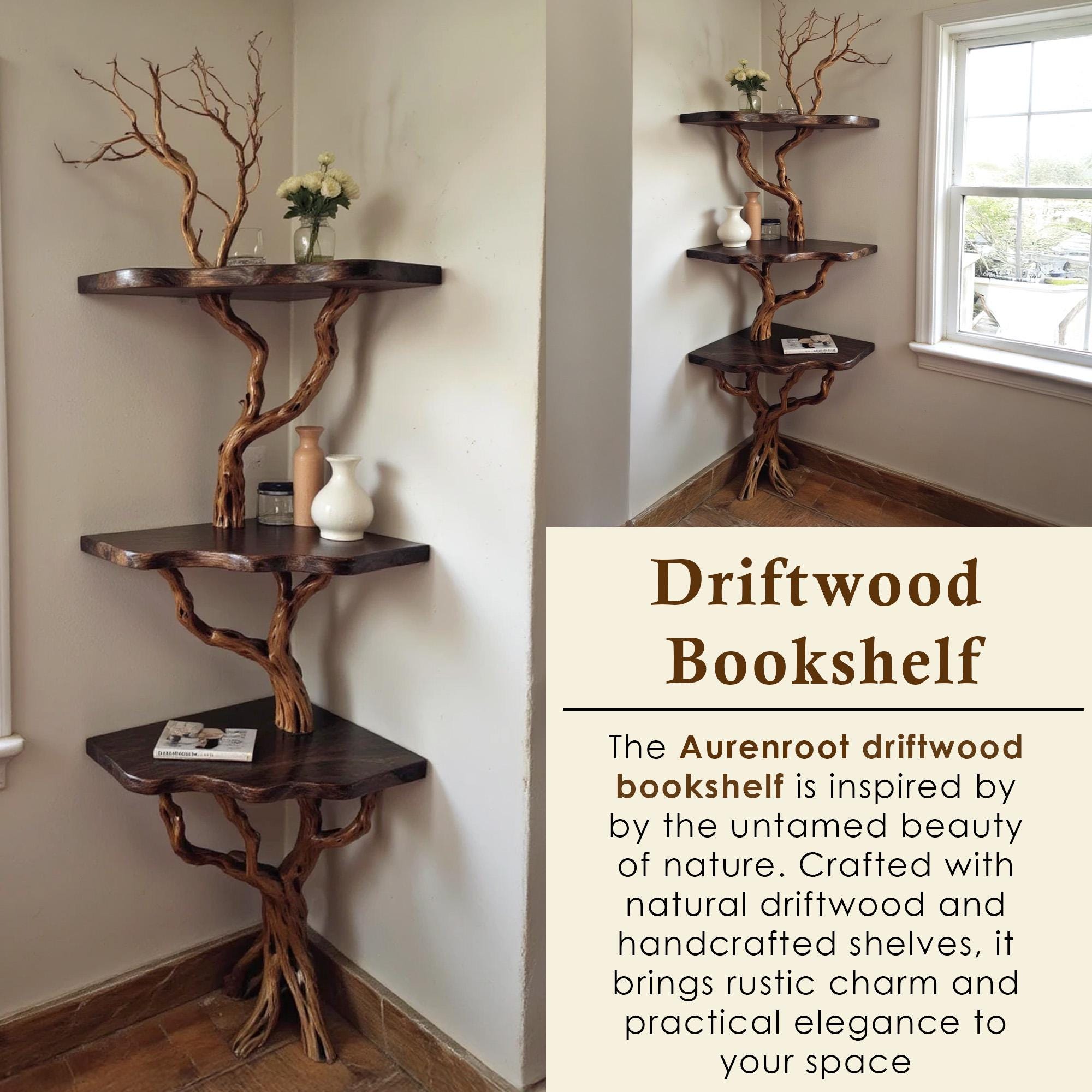 Corner floating bookshelf driftwood branch tree shelf solid wood bookcase live edge shelving wall mount driftwood rustic furniture