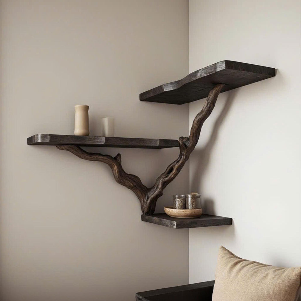Tree branch bookshelf floating corner black wall shelf driftwood shelves gift for the home
