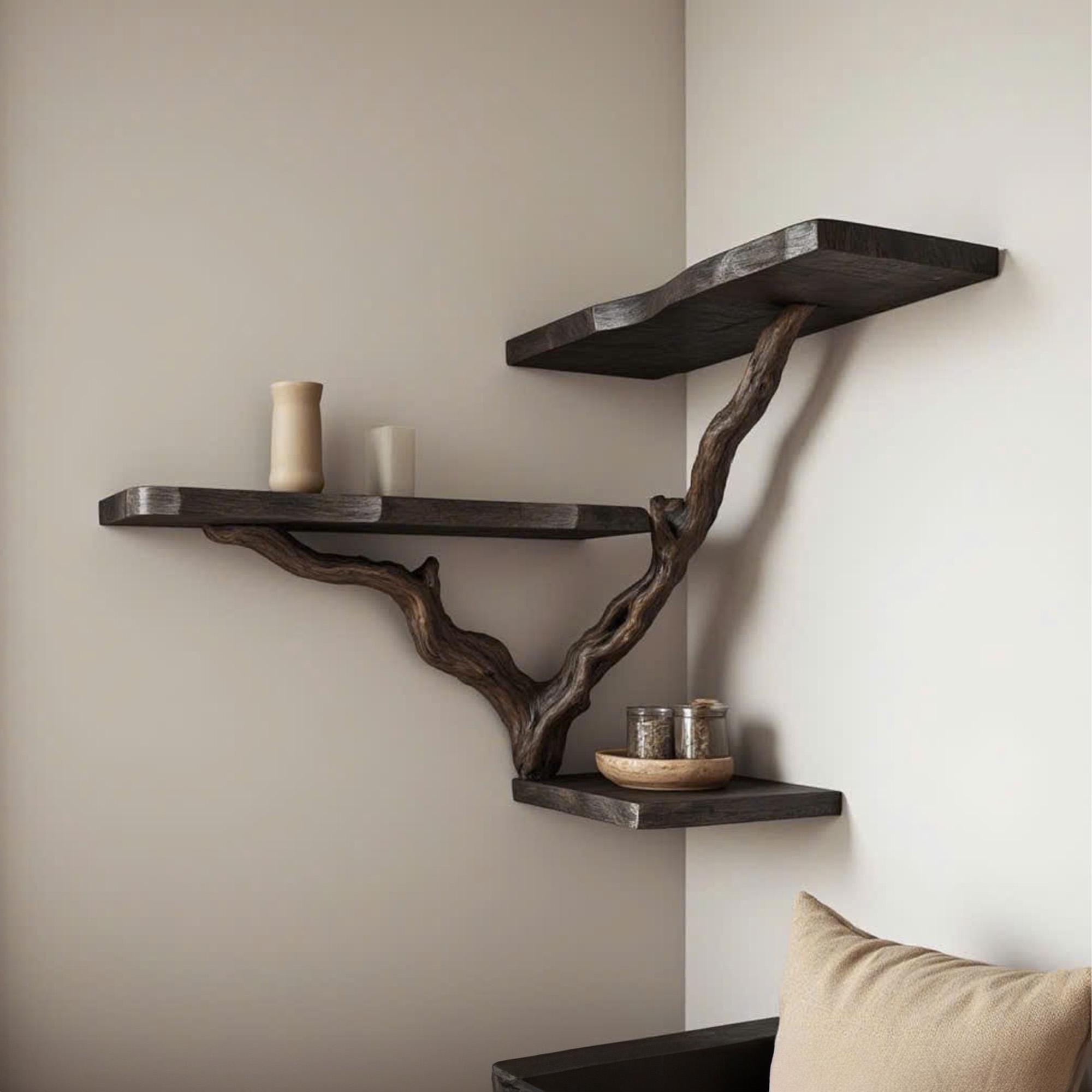 Tree branch bookshelf floating corner black wall shelf driftwood shelves gift for the home