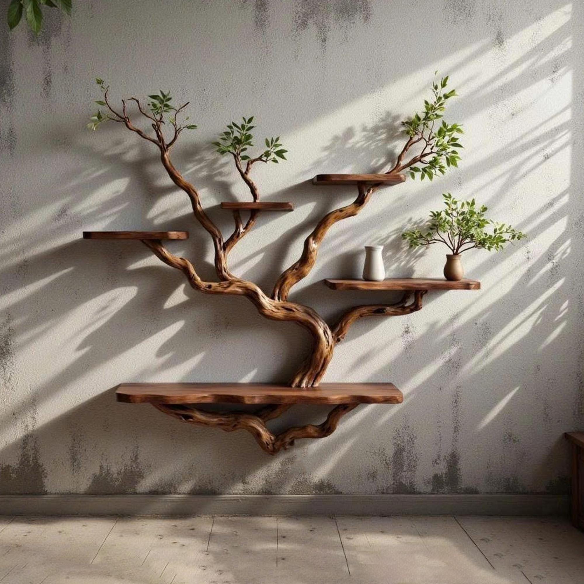 Live edge floating bookshelf wall mounted solid wood shelving driftwood branch art unique bookcase decor gift for housewarming