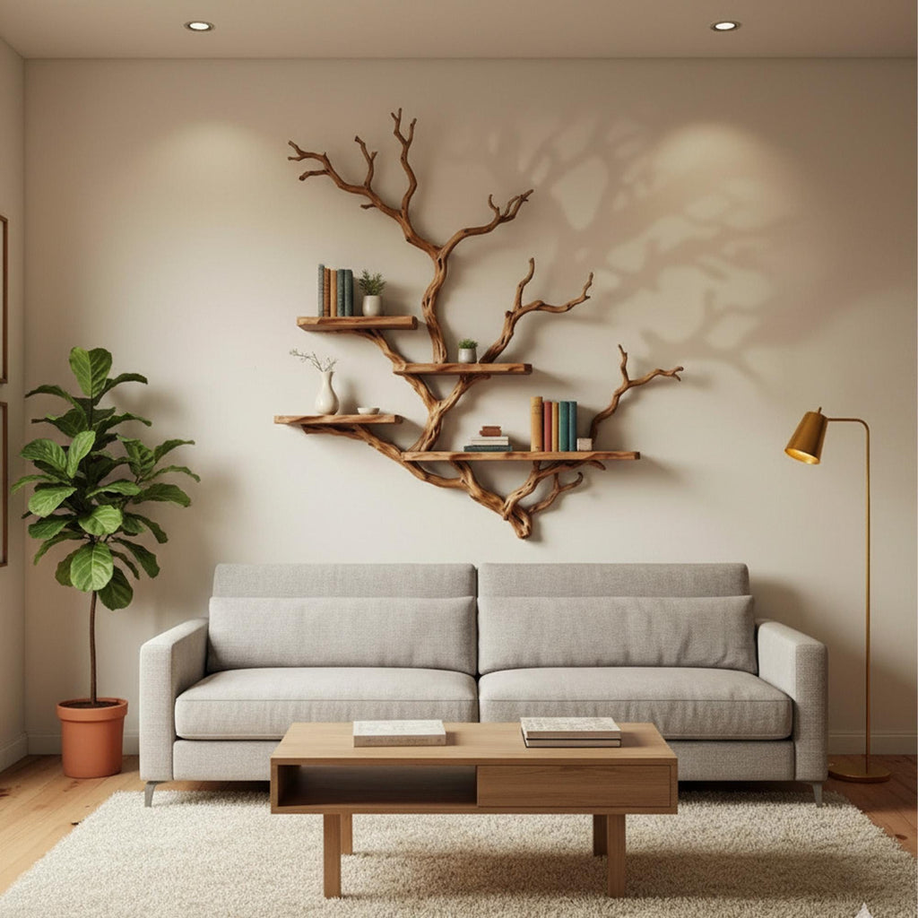 Tree bookshelf driftwood branch live edge floating shelves on wall decor