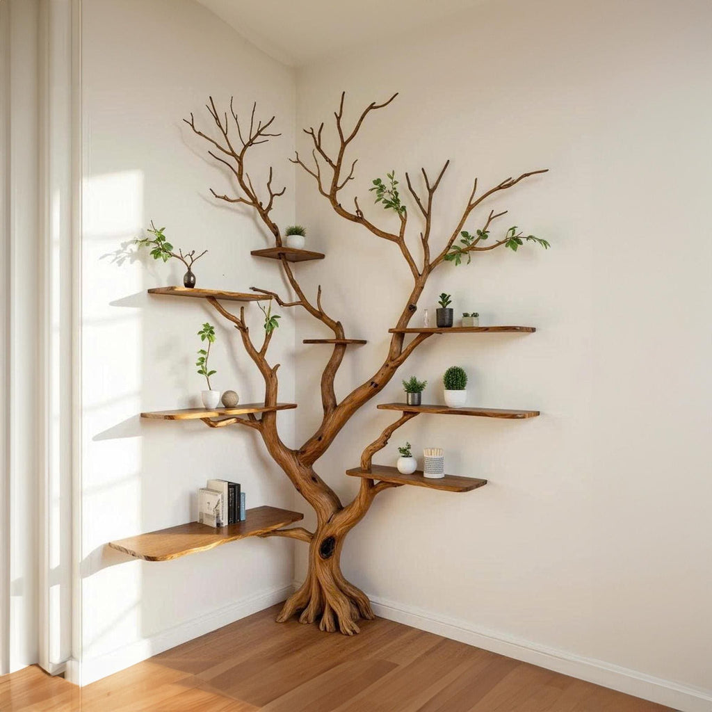 Corner tree branch wall shelves solid wood bookshelf wall mount floating shelf art decor for home