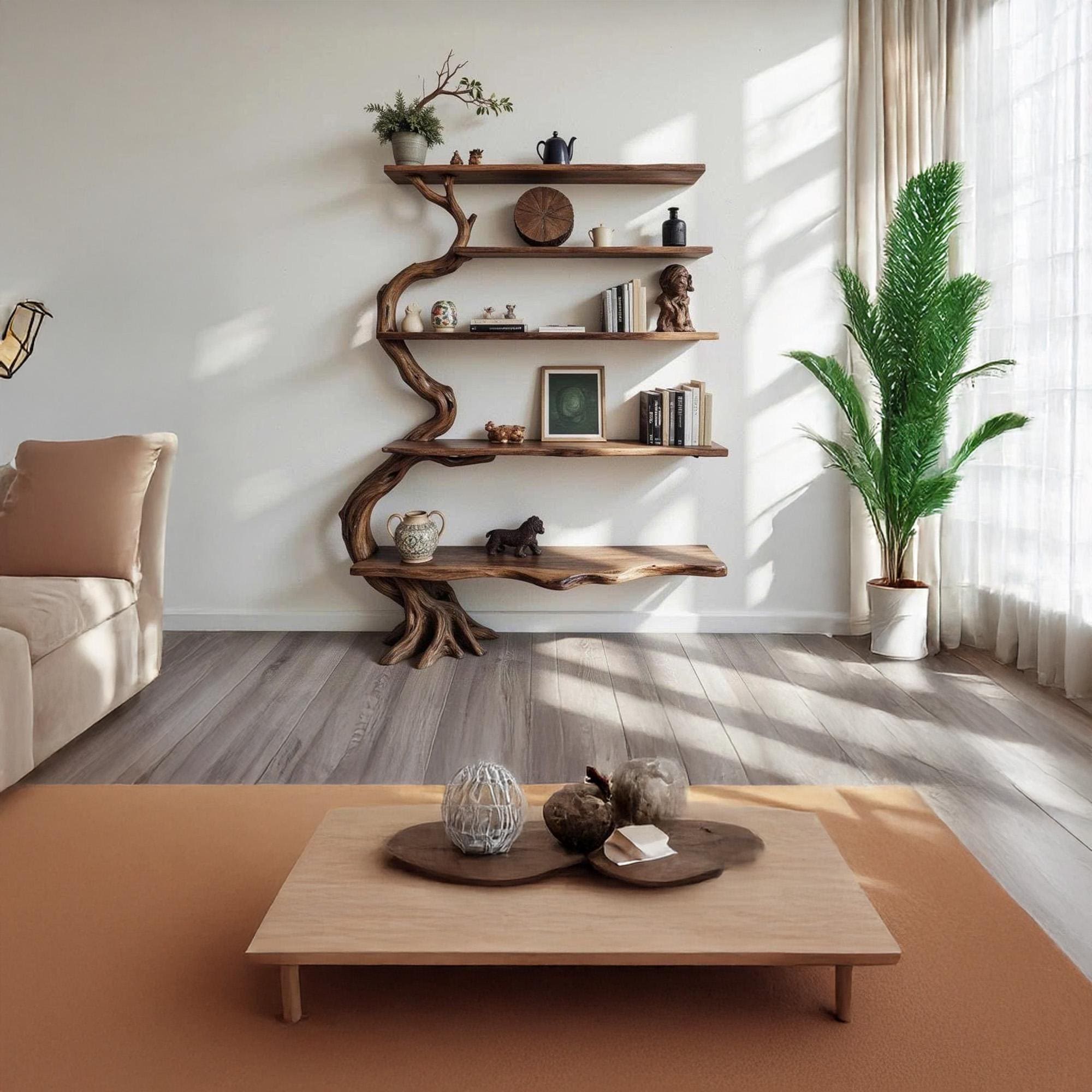 Tree branch bookshelf wall mount reclaimed wood bookcase driftwood sculpture art floating shelves decor