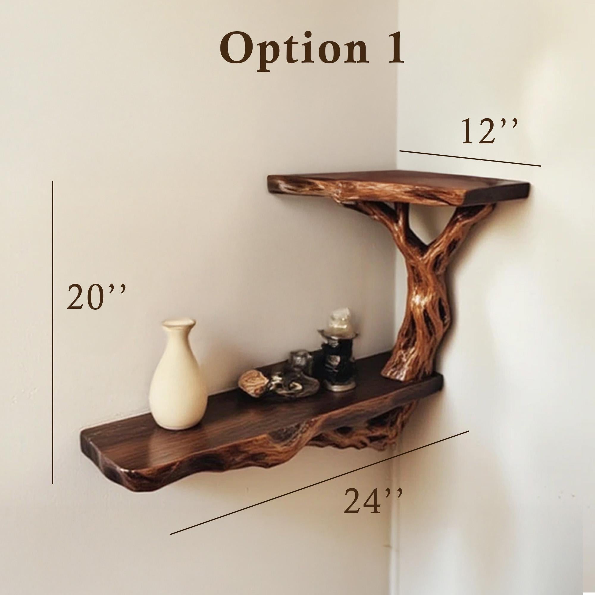 Corner floating bookshelf solid wood tree branch wall mount shelving handmade bookcase wood wall unique furniture decorations