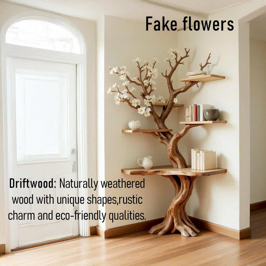 Tree corner floating bookshelf driftwood branch bookcase wood wall book shelving rustic corner shelf unique living room decoration