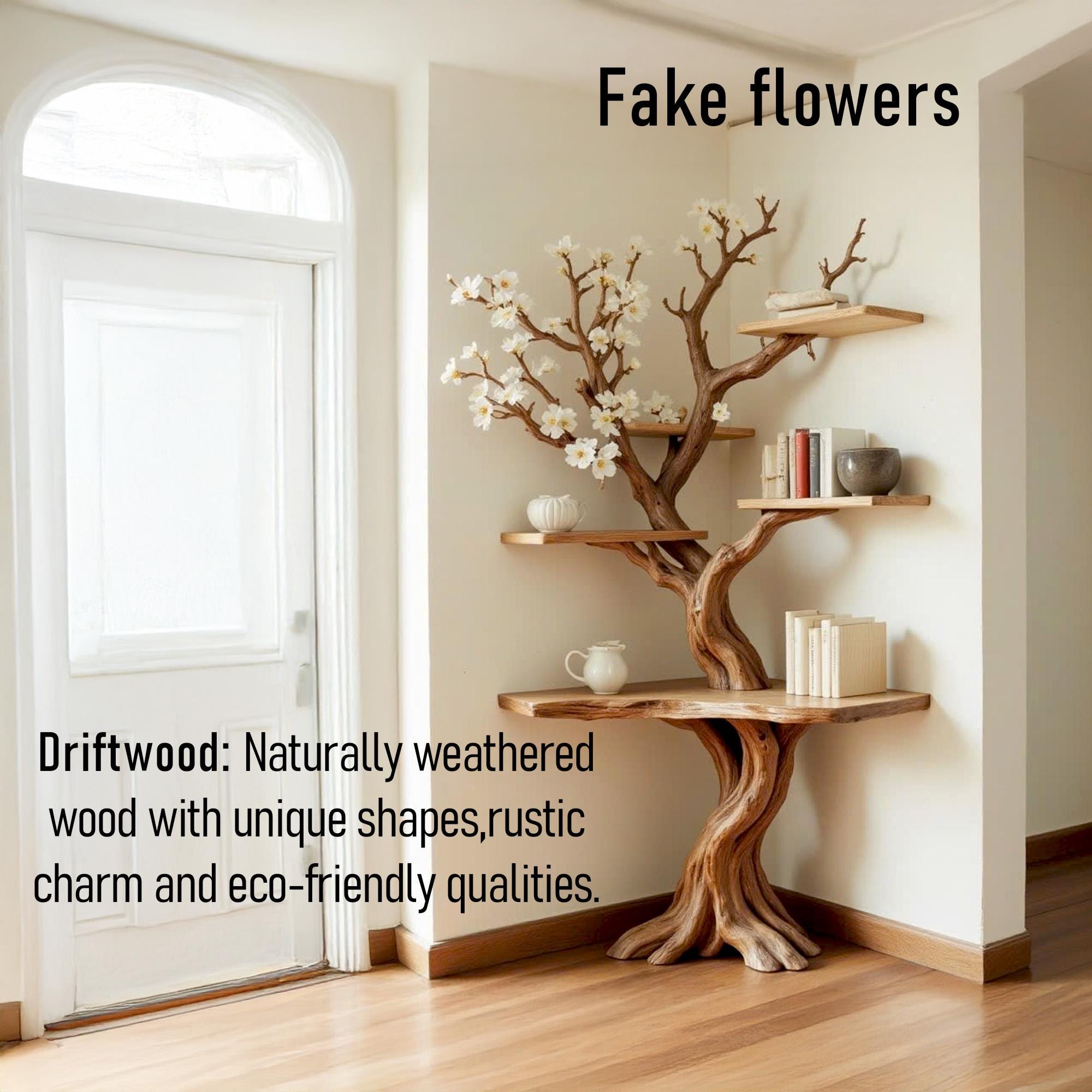 Tree corner floating bookshelf driftwood branch bookcase wood wall book shelving rustic corner shelf unique living room decoration