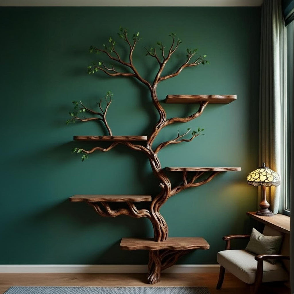 Driftwood branch tree floating shelf bookshelf solid wood bookcase home decor for living room