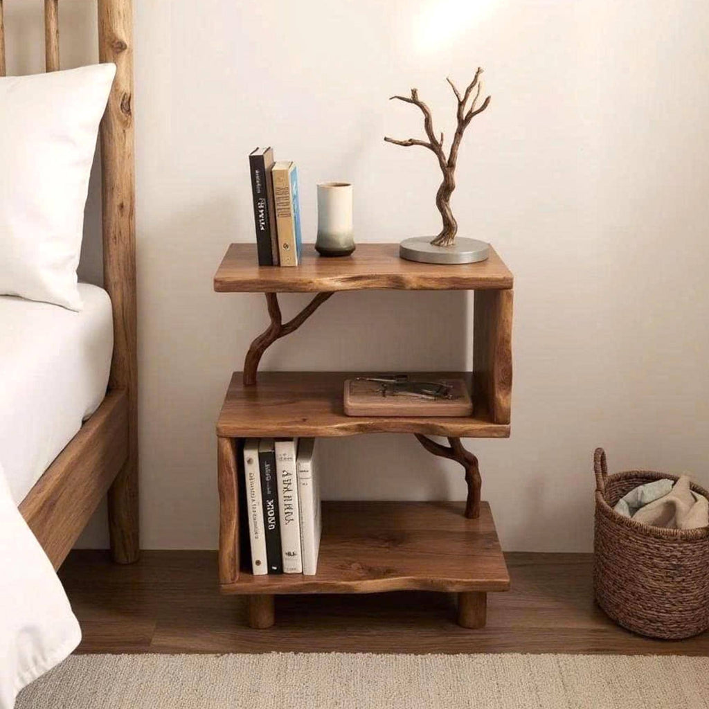 Night stand bookcase solid wood free standing small bookcase bedside driftwood handcrafted record player stand wood work furniture