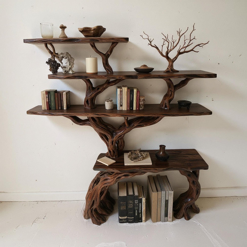 Tree branch bookcase solid wood bookshelf cabinet floating wall mount shelving rustic decoration