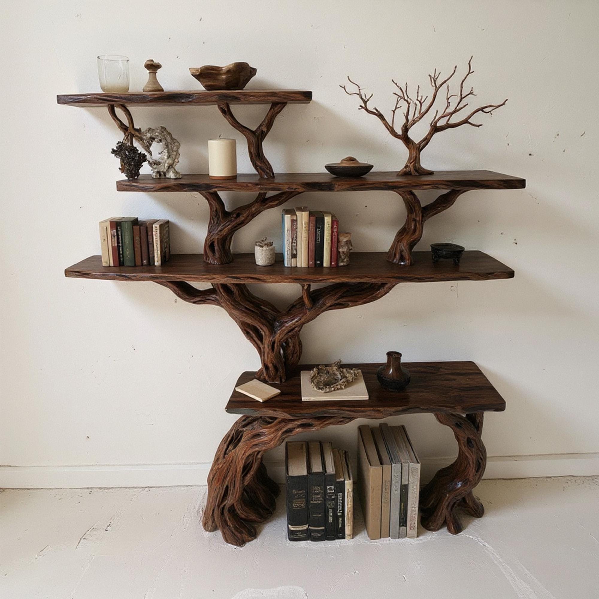 Tree branch bookcase solid wood bookshelf cabinet floating wall mount shelving rustic decoration