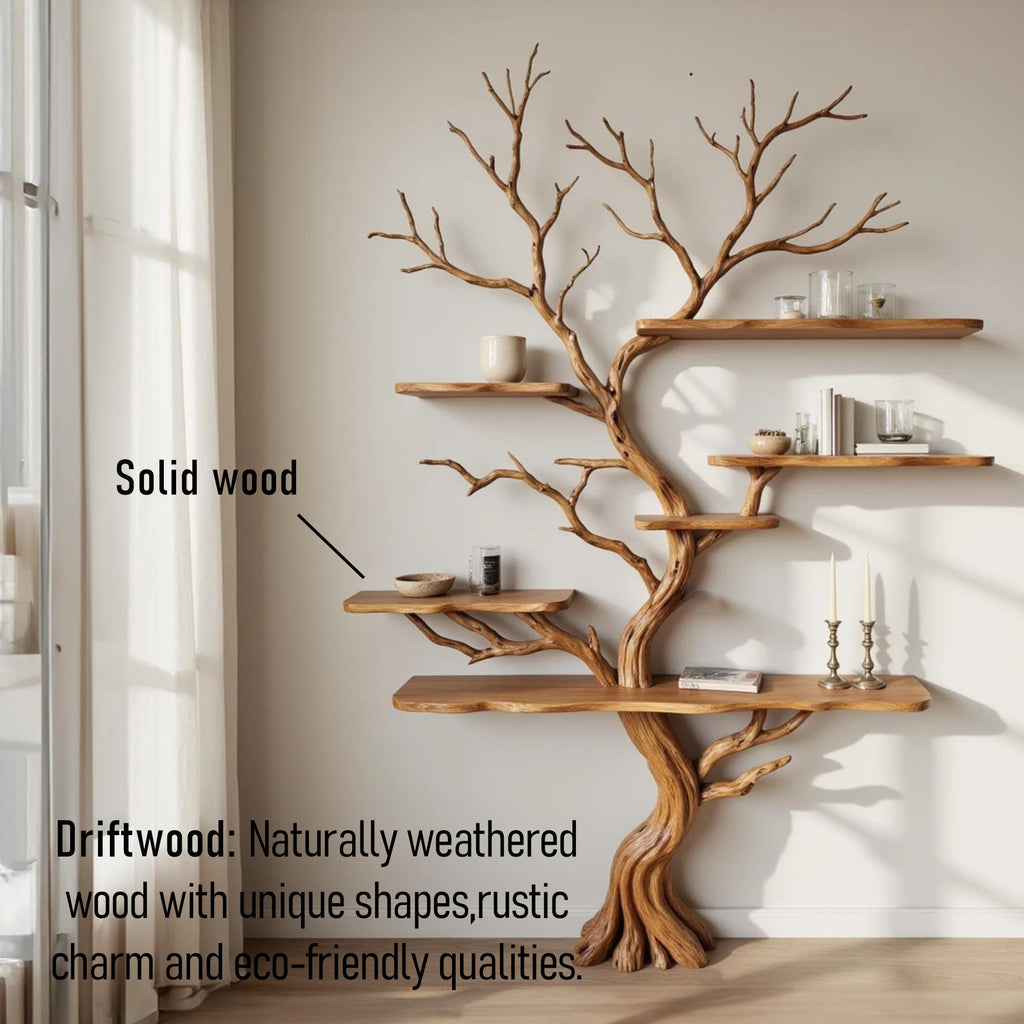 Tree branch bookshelf art decor driftwood shelf wall mounted solid wood bookcase