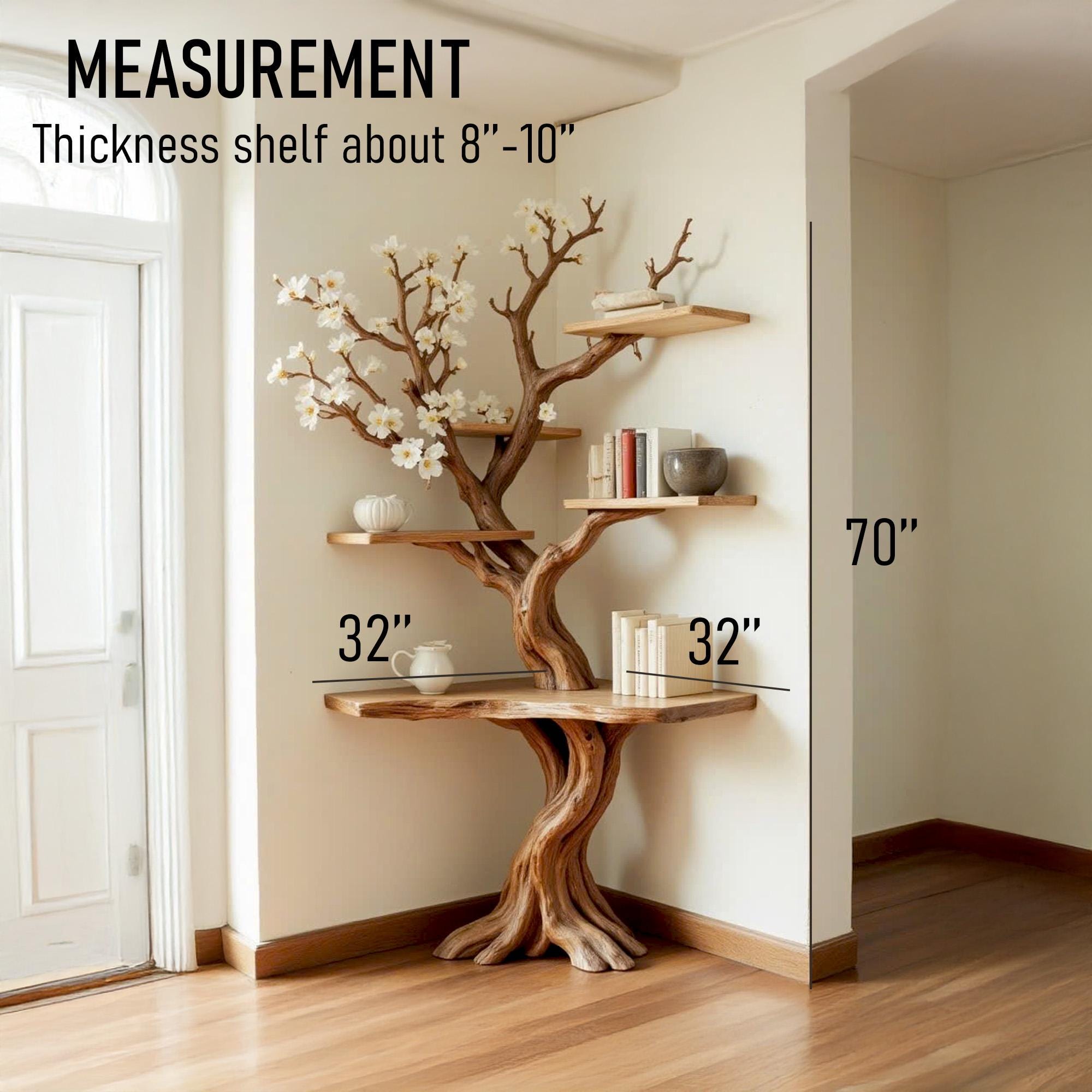 Tree corner floating bookshelf driftwood branch bookcase wood wall book shelving rustic corner shelf unique living room decoration