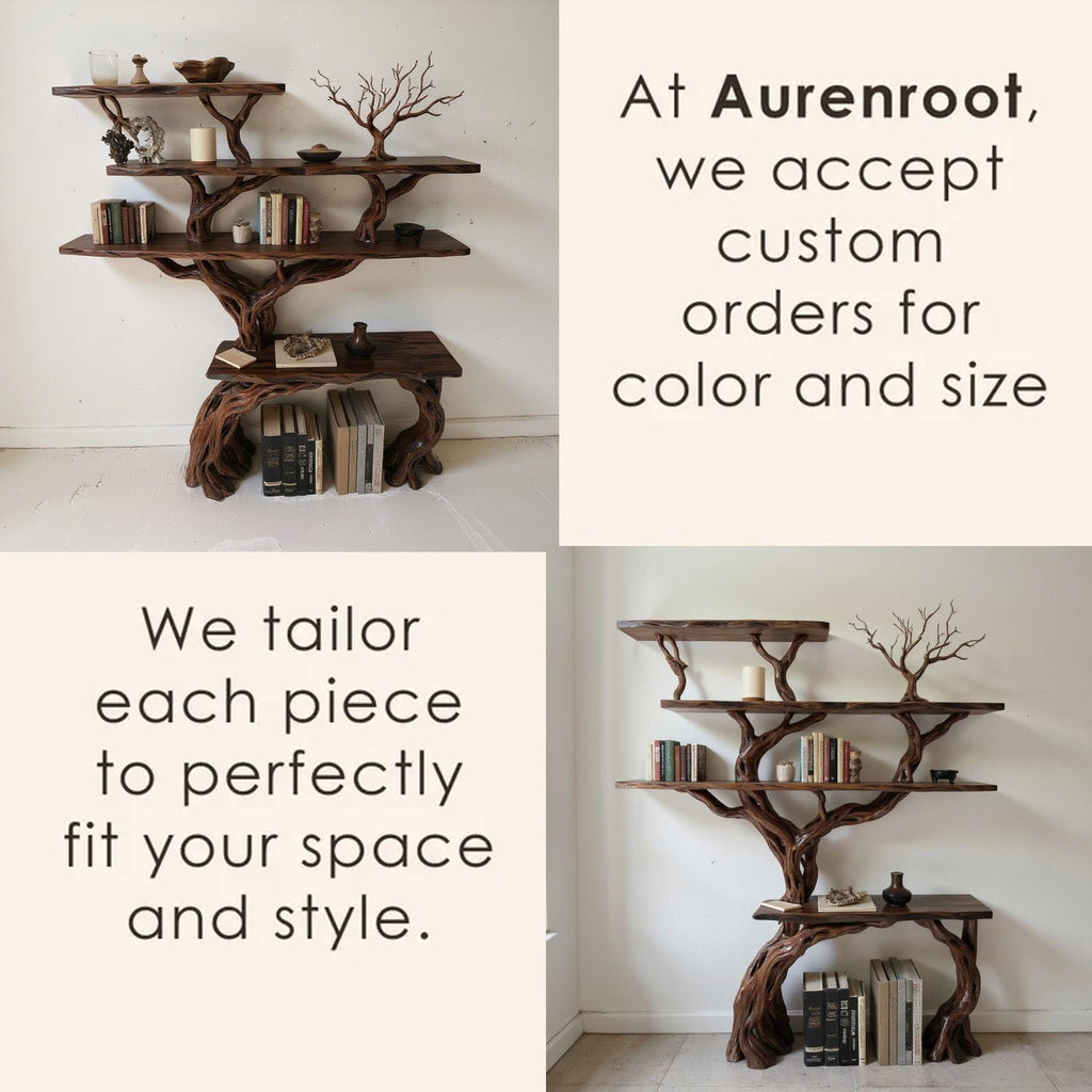 Tree branch bookcase solid wood bookshelf cabinet floating wall mount shelving rustic decoration