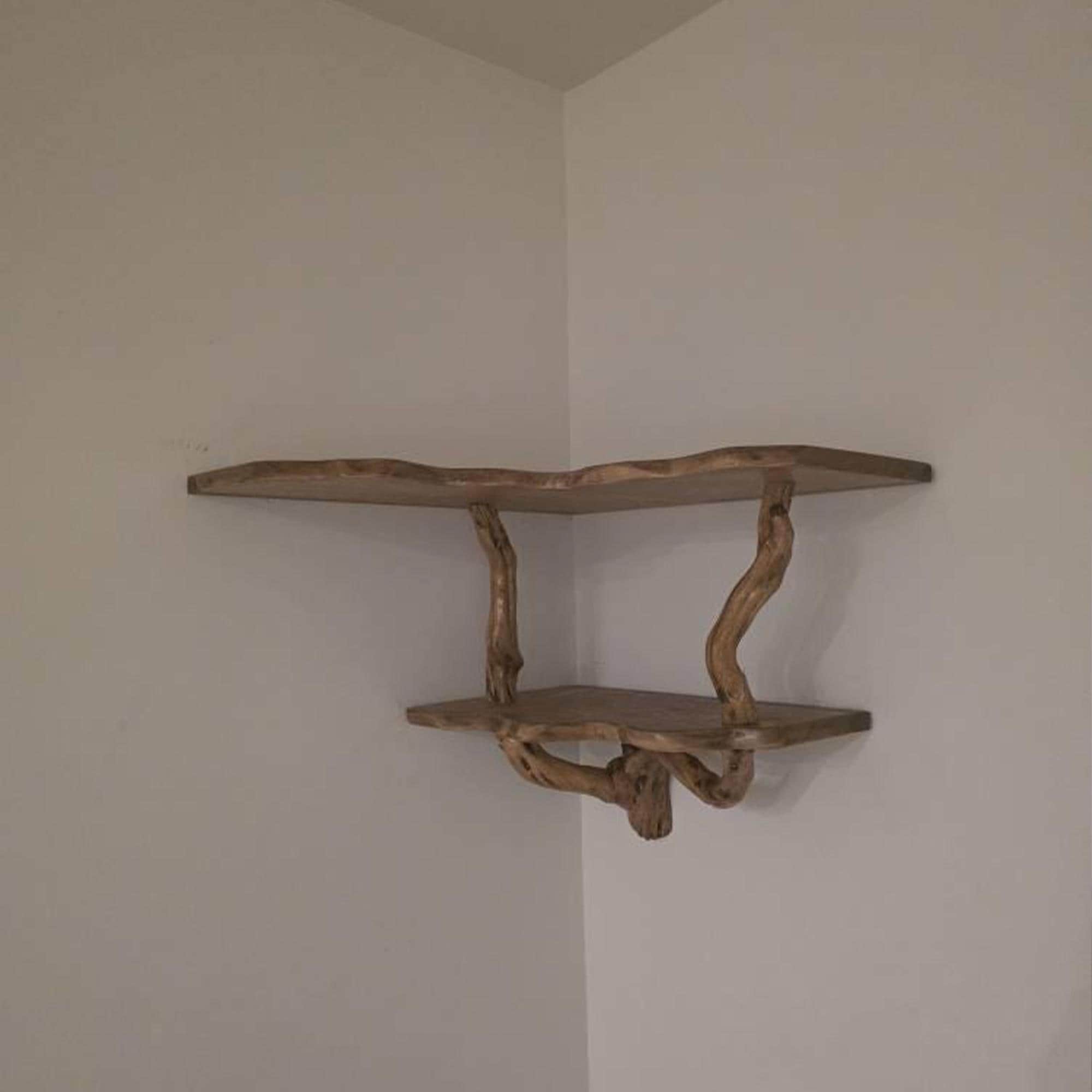 Floating corner shelf driftwood branch wall mounted shelf art bookshelf solid wood decor for home
