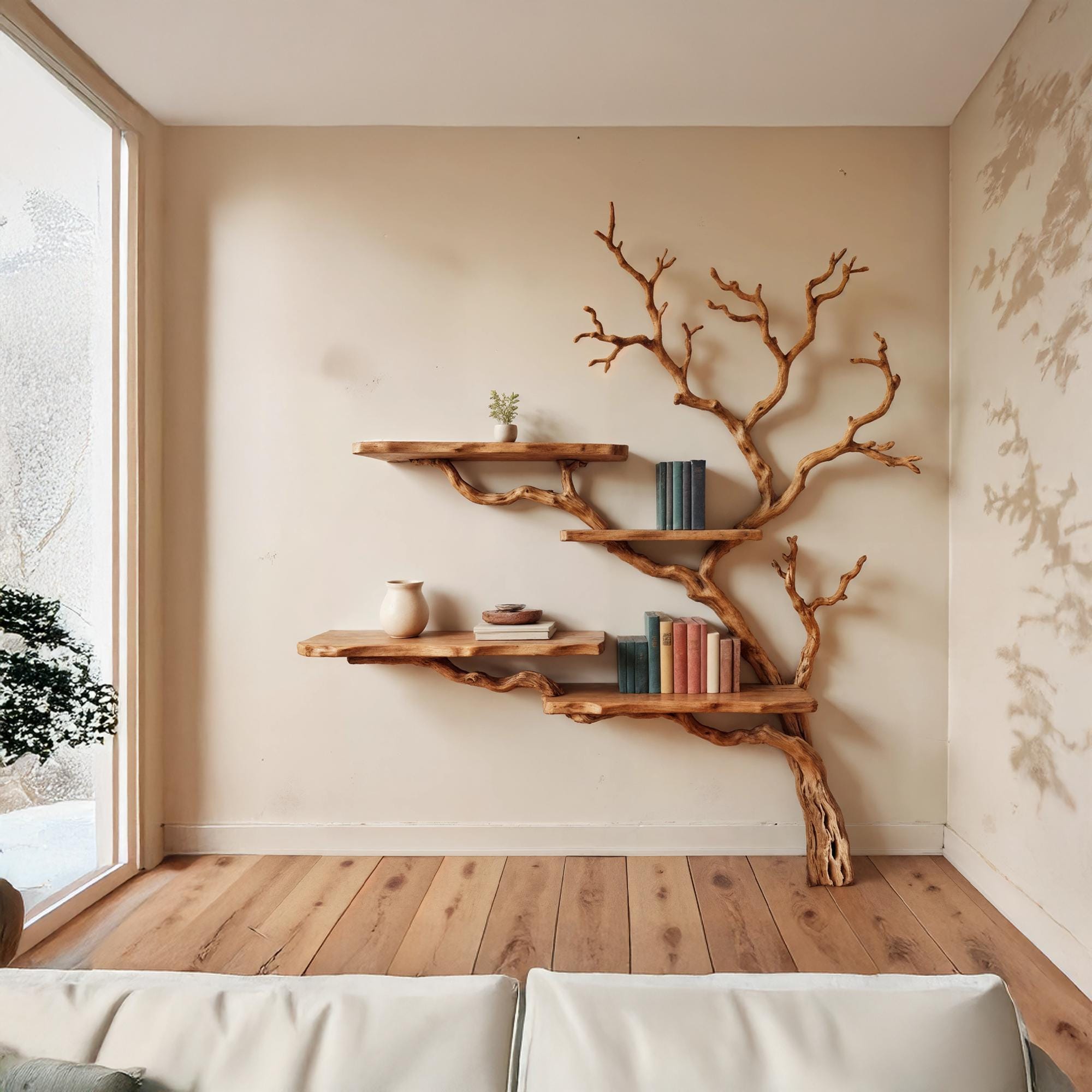 Tree branch bookshelf wall mounted bookcase art driftwood shelf solid wood bookshelves decor for living room