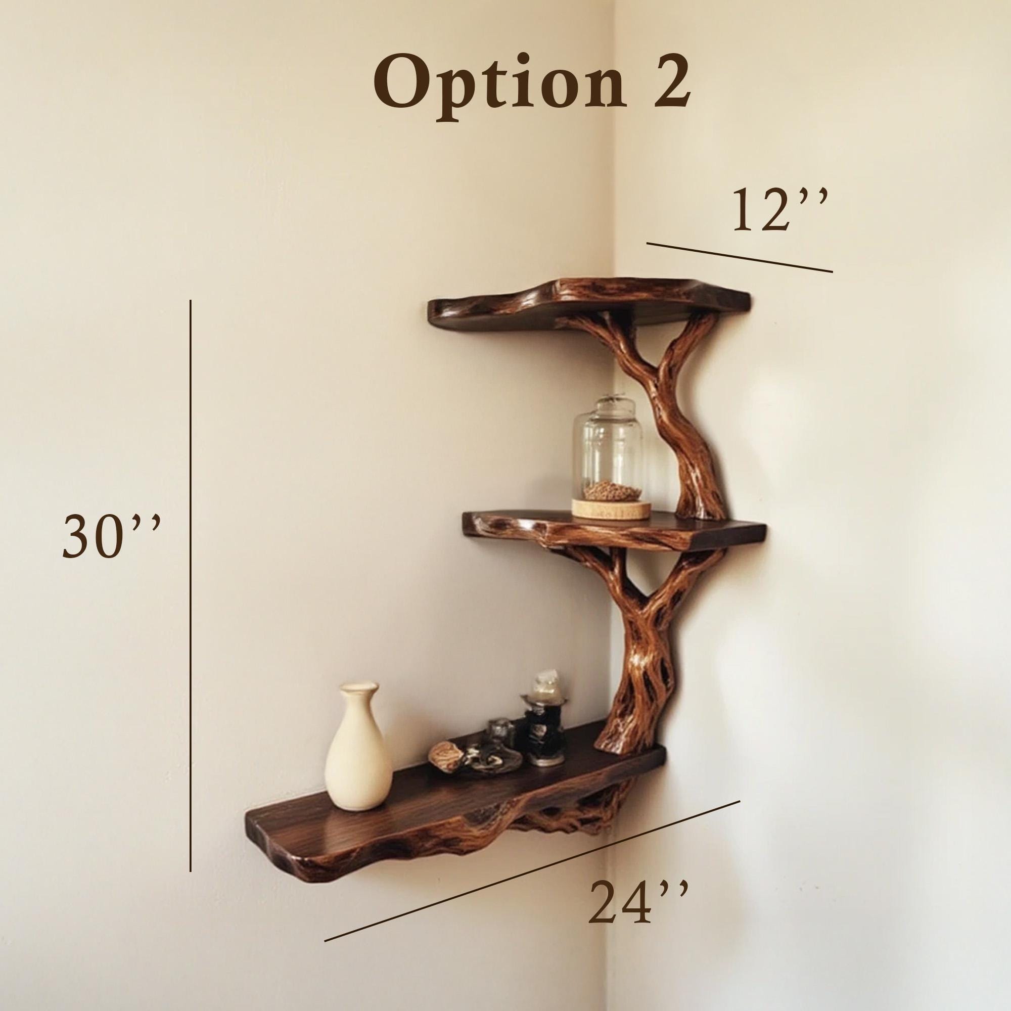 Corner floating bookshelf solid wood tree branch wall mount shelving handmade bookcase wood wall unique furniture decorations
