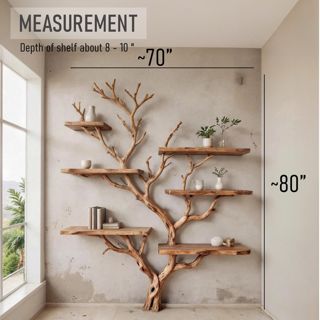 Tree branch bookshelves on wall natural wood bookcase floor bookshelf driftwood wall art unique handcrafted