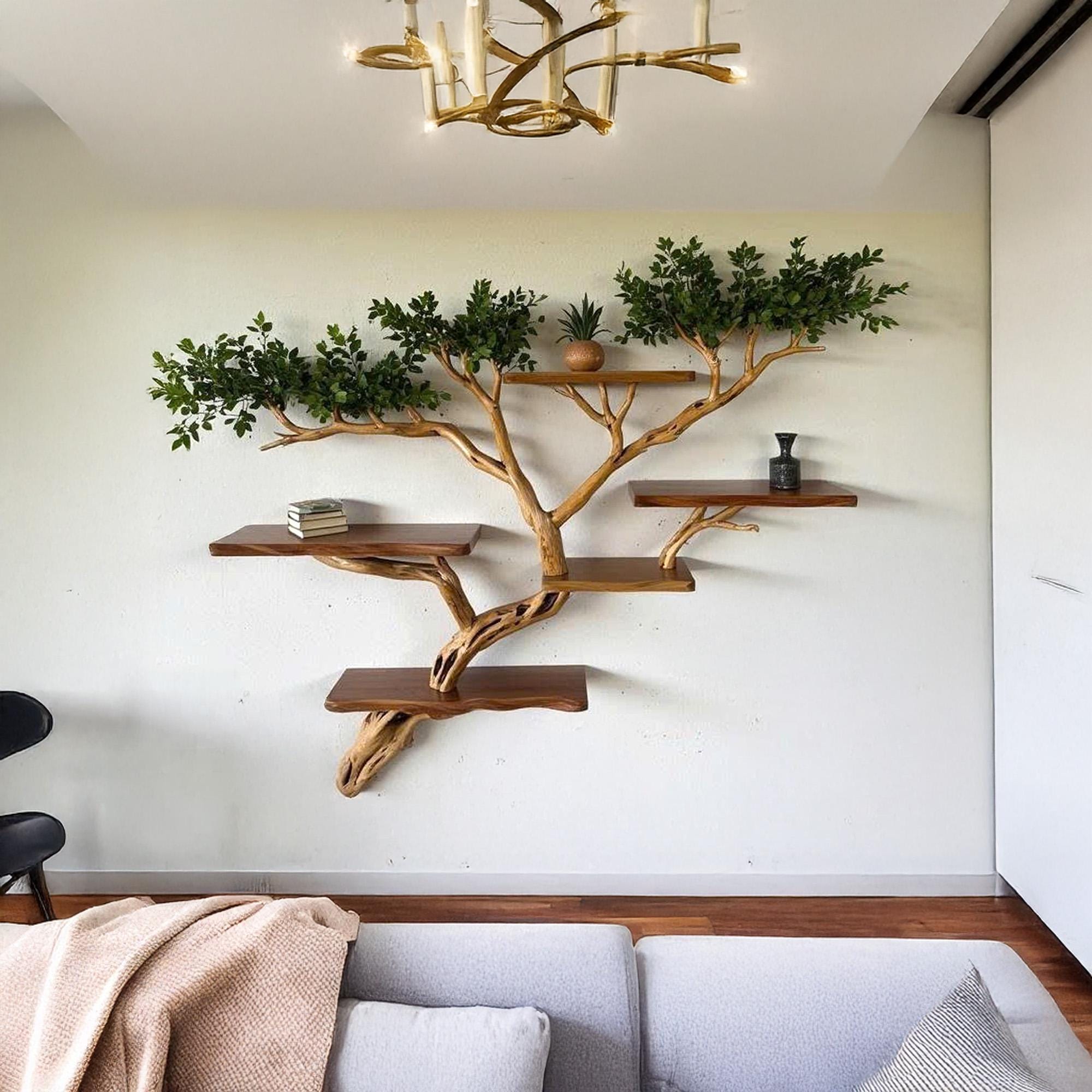 Tree branch bookshelf floating live edge shelf fake leaf wall mount tree shelf handcraft solid wood furniture