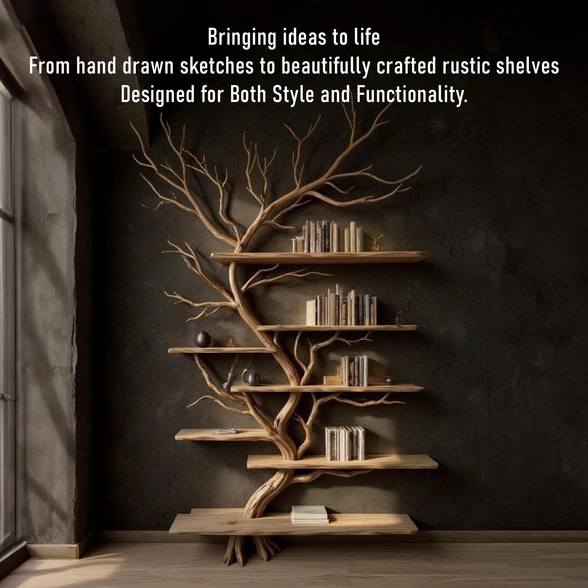 Driftwood tree branch solid wood bookshelf wall mount floating live edge furniture decoration