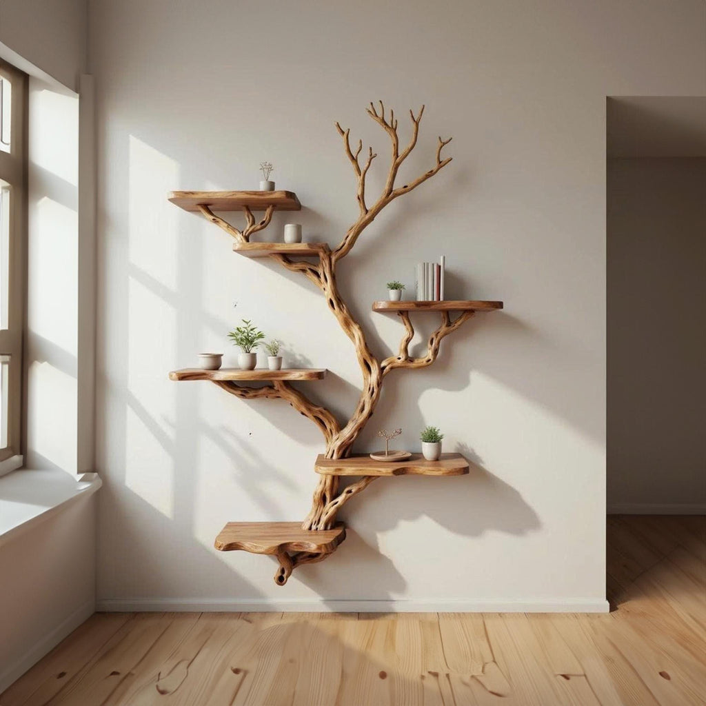 Driftwood branch floating book shelf wall mount solid wood bookcase tree branch wall art