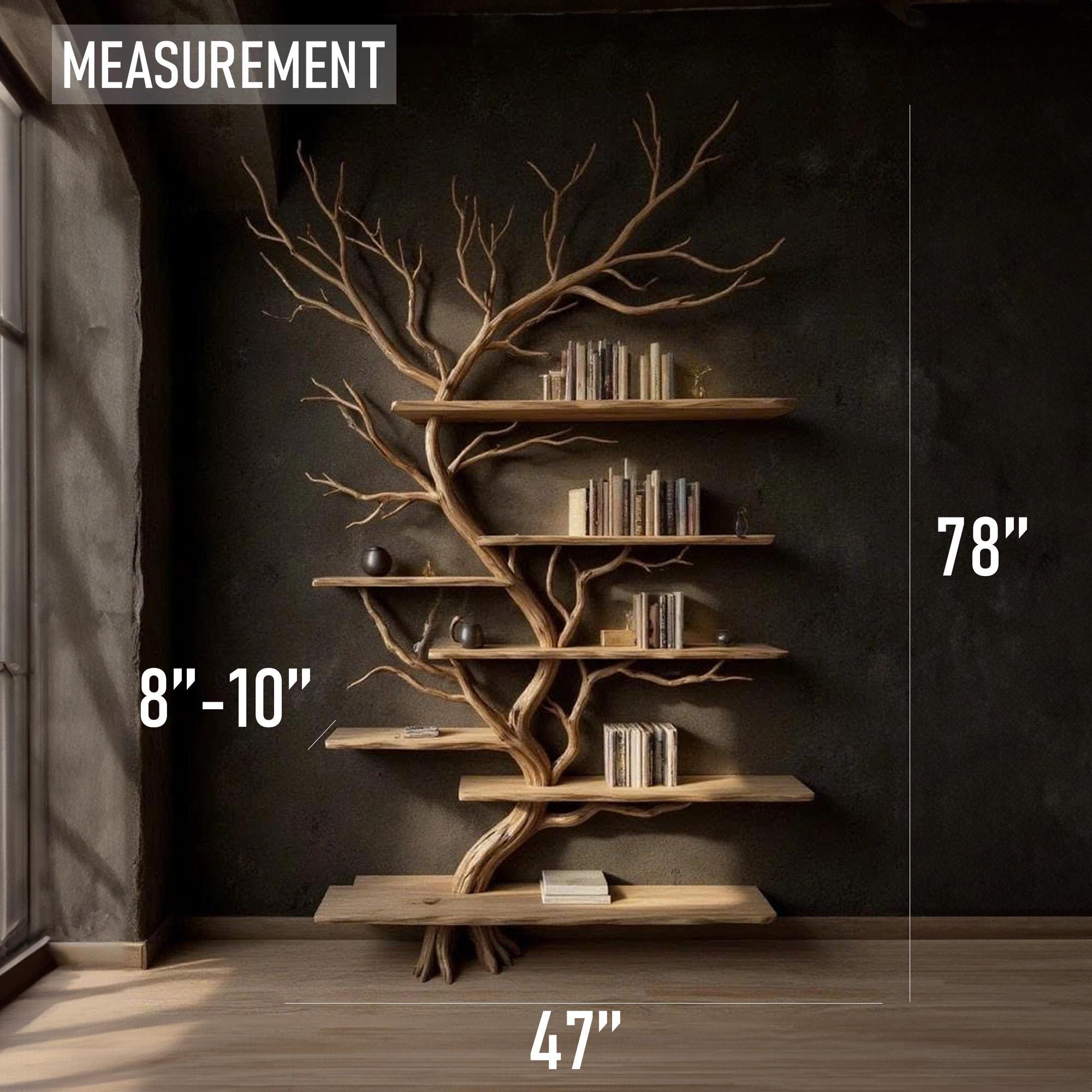 Driftwood tree branch solid wood bookshelf wall mount floating live edge furniture decoration
