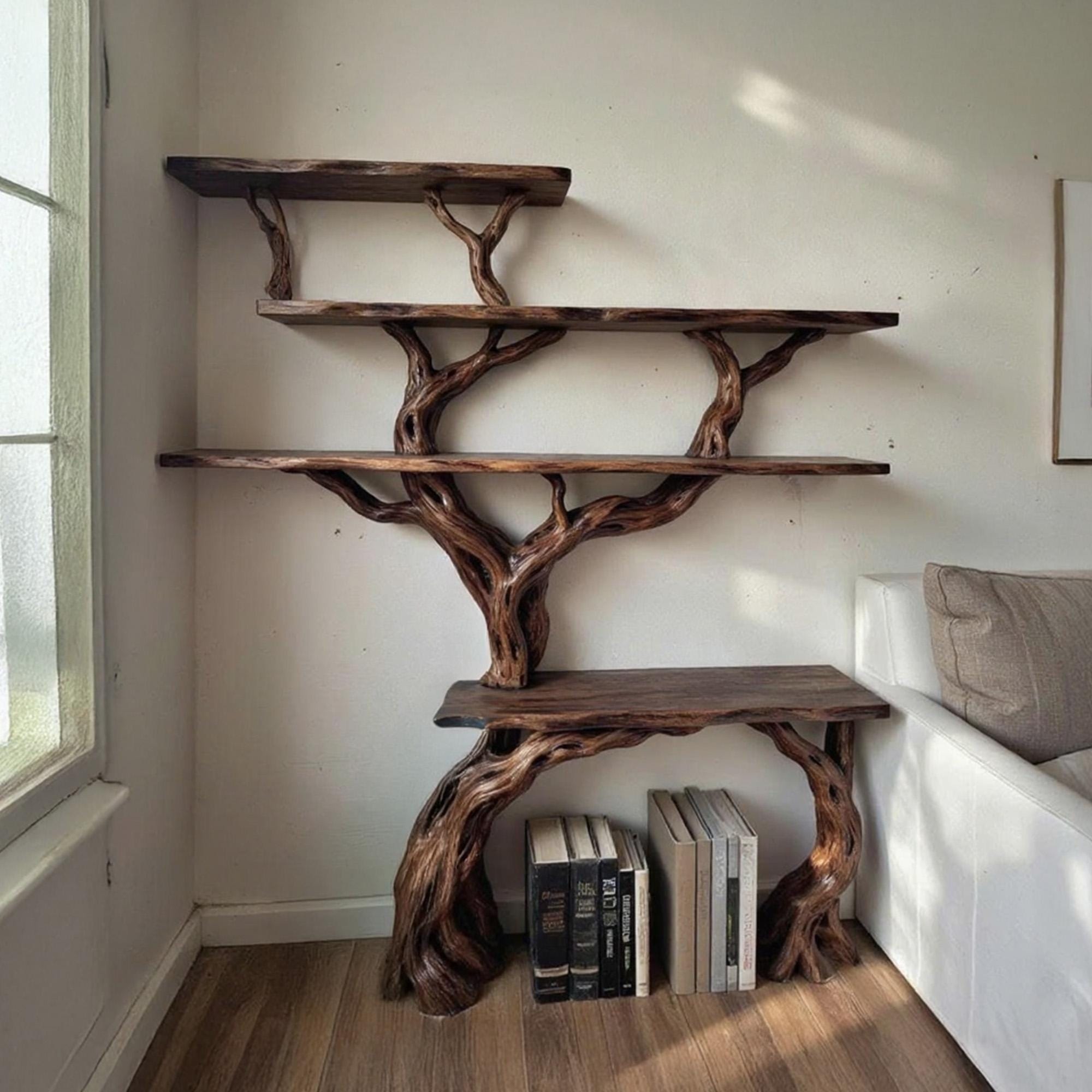 Tree branch bookcase solid wood bookshelf cabinet floating wall mount shelving rustic decoration