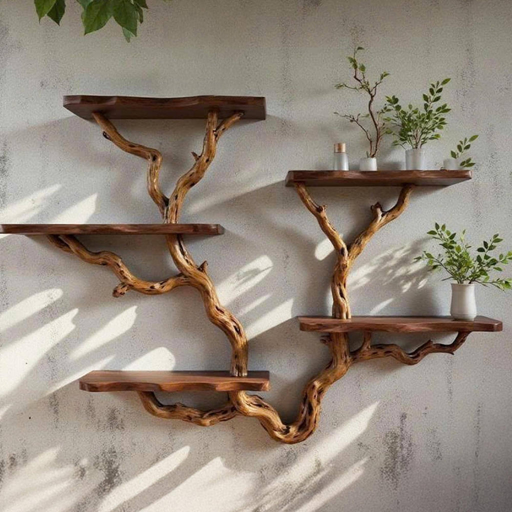 Driftwood floating tree bookshelf walnut color wall mount shelving bookcase solid wood live edge