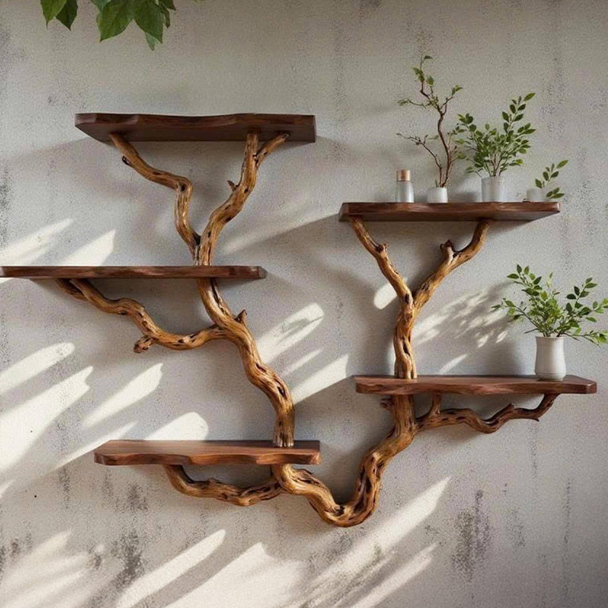 Driftwood floating tree bookshelf walnut color wall mount shelving bookcase solid wood live edge