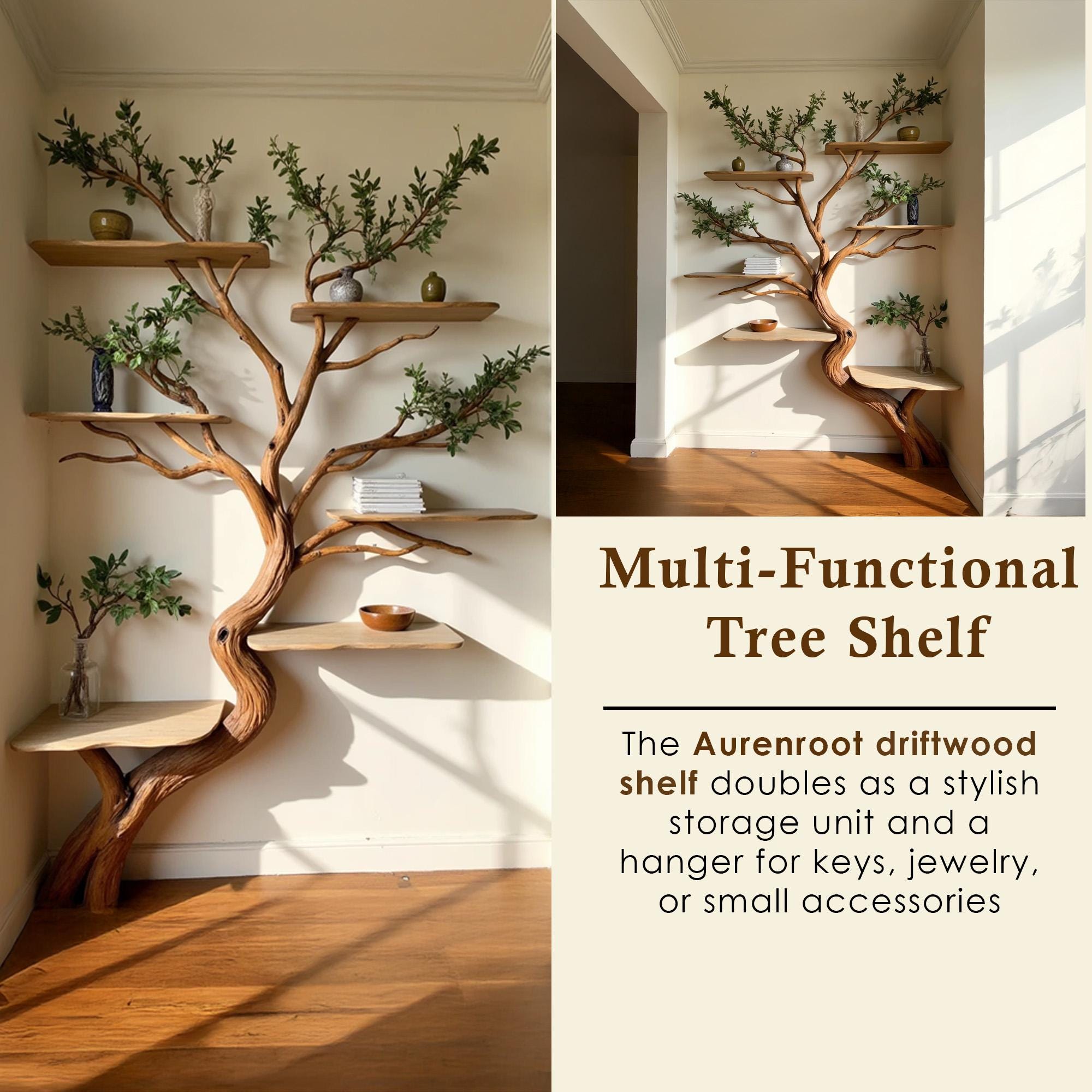 Driftwood corner shelf tree branch bookshelf art decor solid wood bookcase home