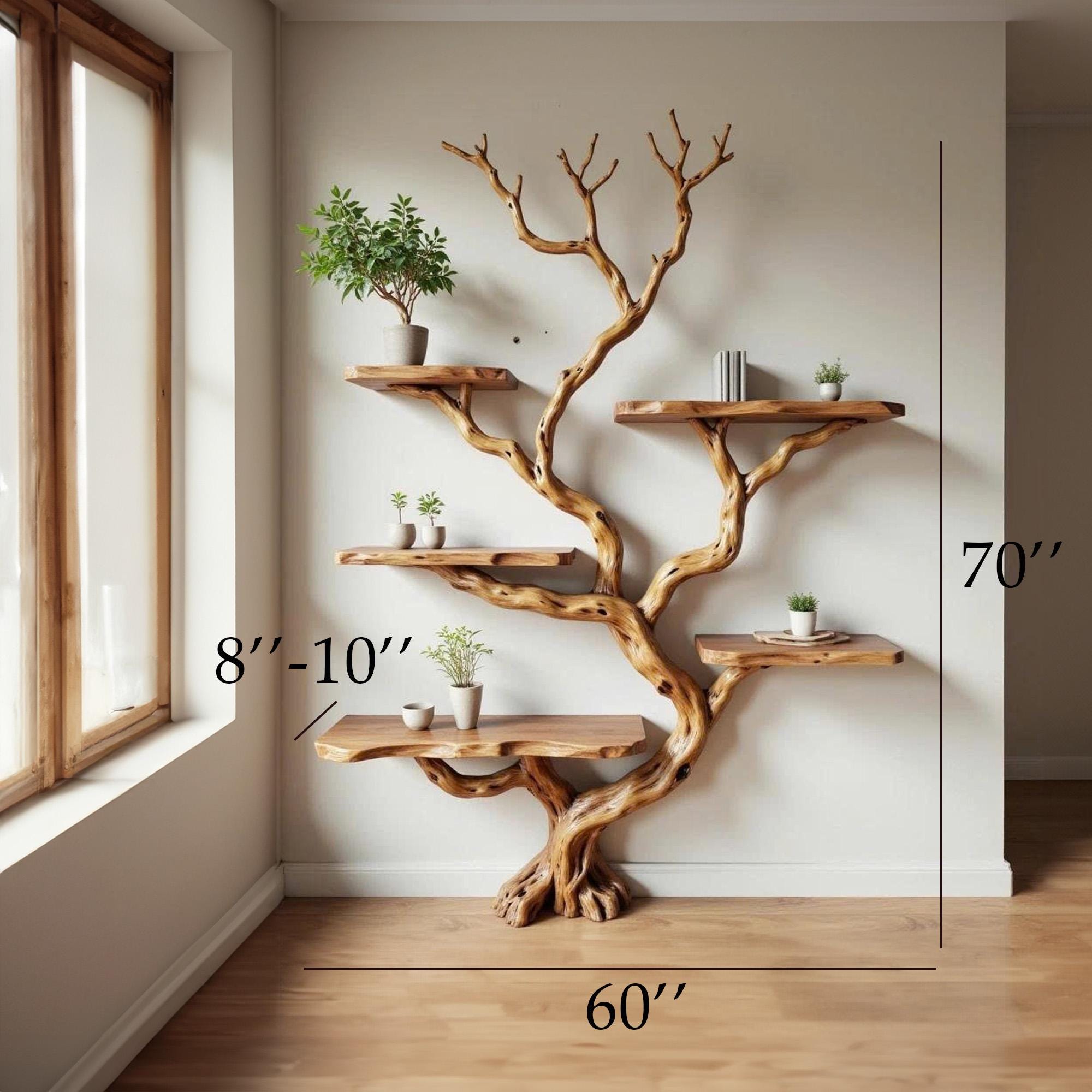 Driftwood tree branch bookshelf wood floating shelf solid wood bookcase home decor for living room