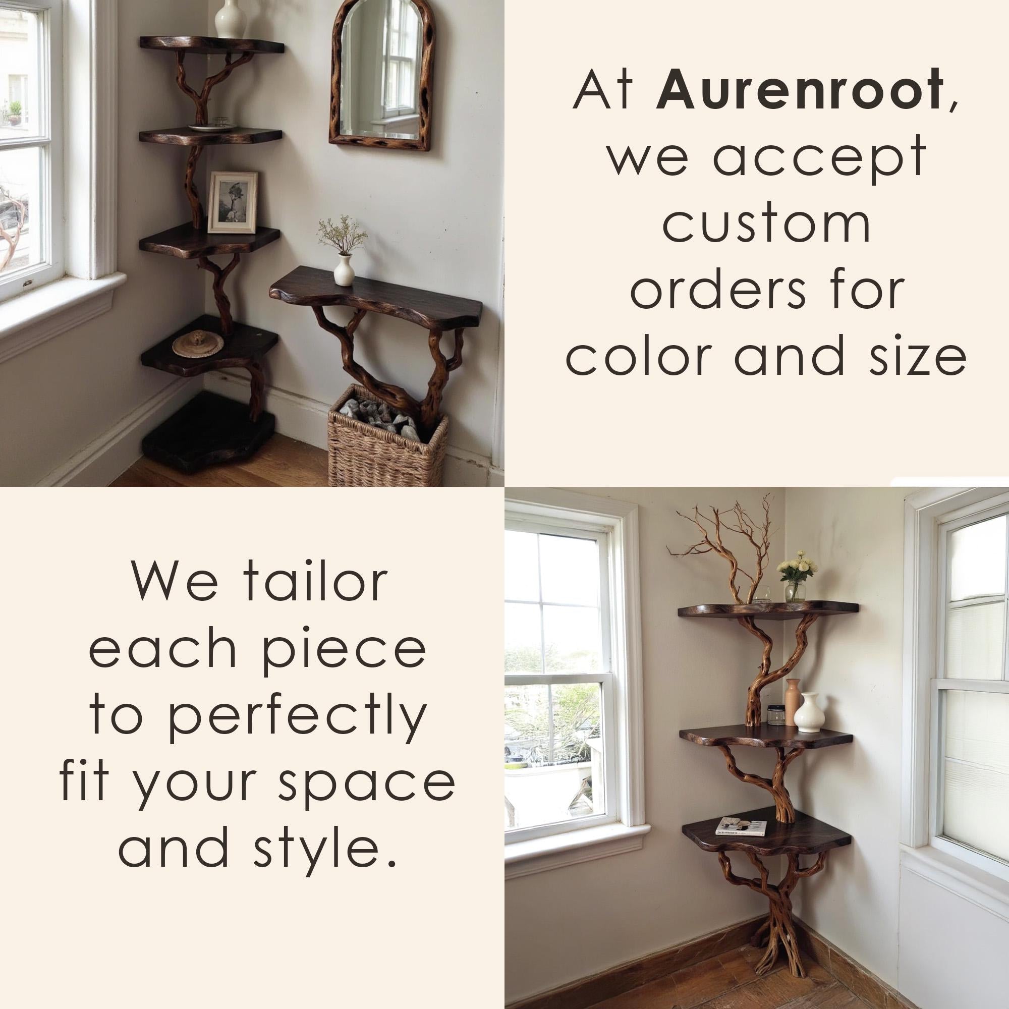 Corner floating bookshelf driftwood branch tree shelf solid wood bookcase live edge shelving wall mount driftwood rustic furniture