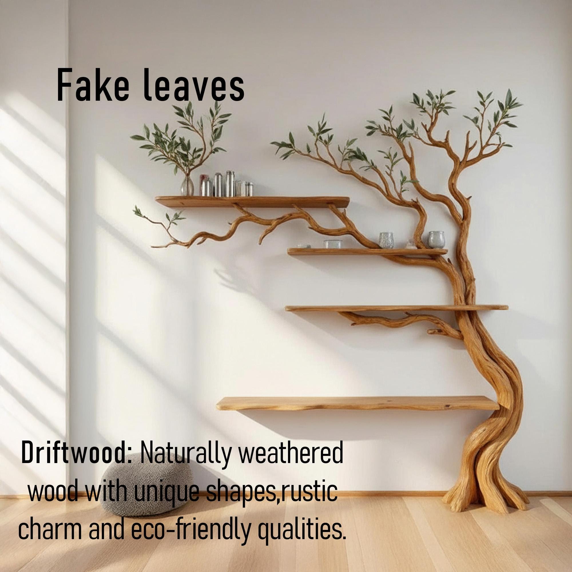 Tree branch shelf wall mounted floating bookshelf solid wood driftwood sculpture nature inspired wall art