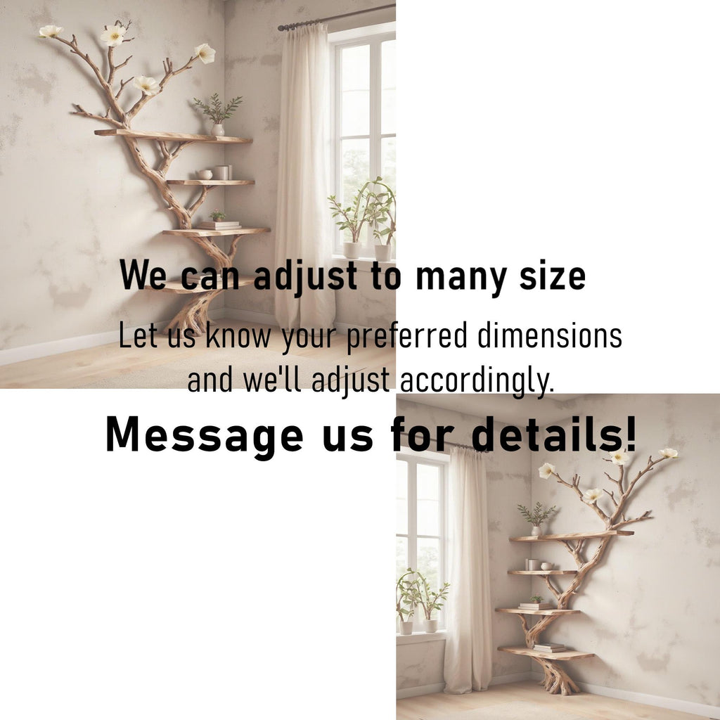 Floor bookshelf driftwood branch floating corner shelf wall mounted with fake flowers handmade furniture decor