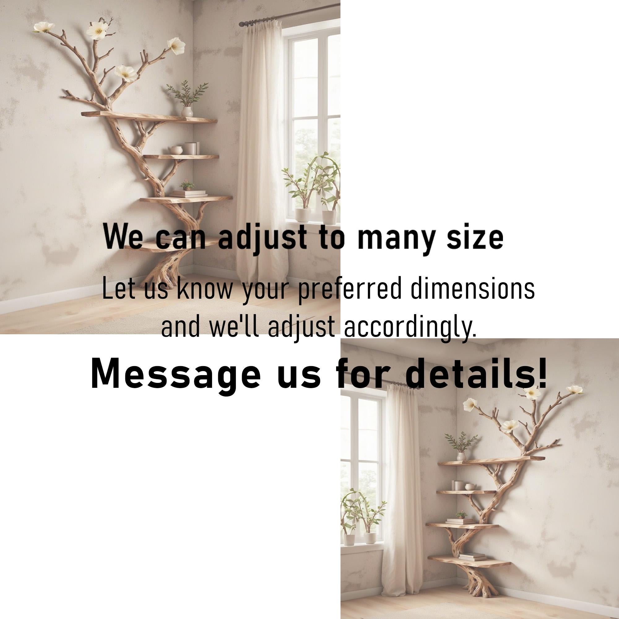 Floor bookshelf driftwood branch floating corner shelf wall mounted with fake flowers handmade furniture decor