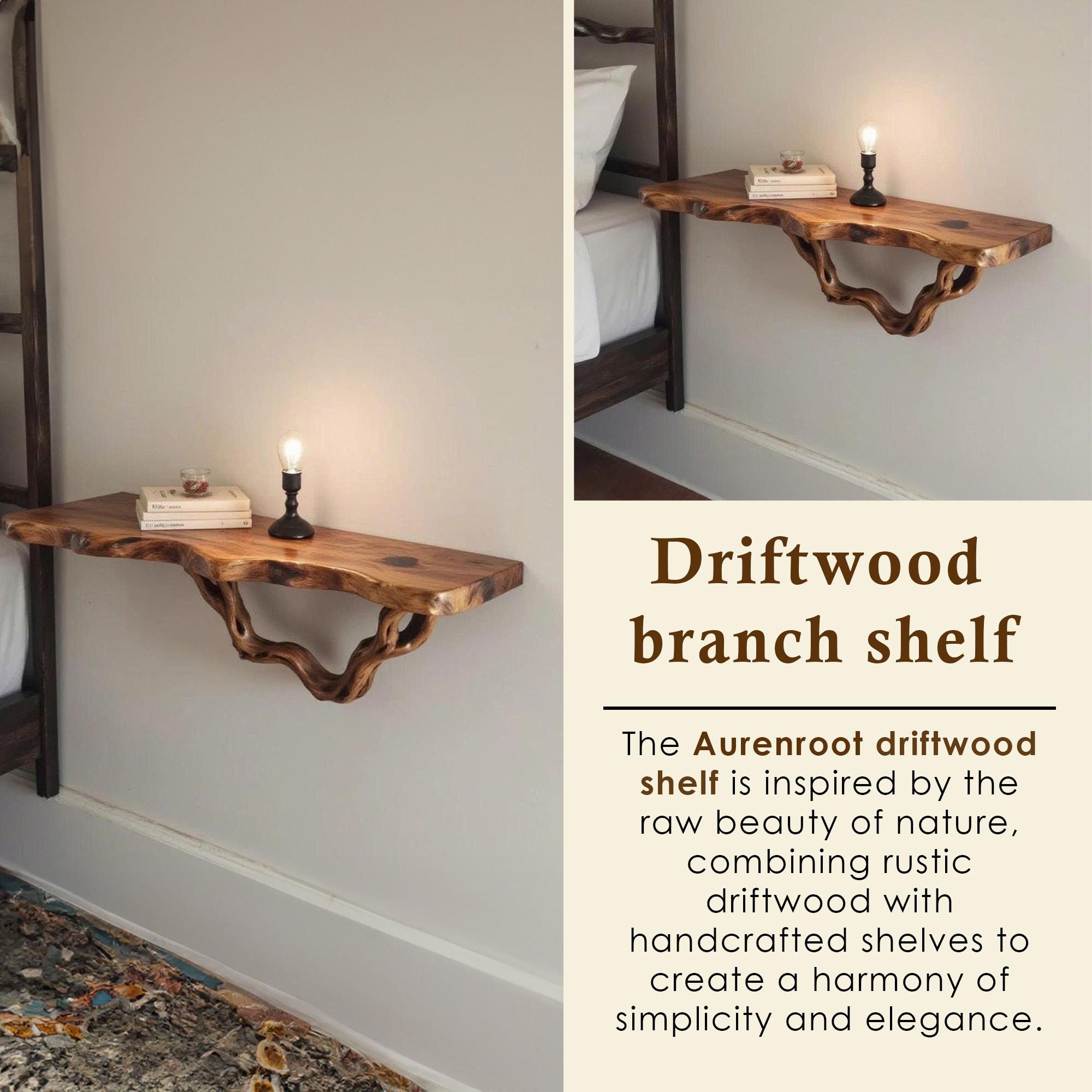 Floating shelf natural solid wood bookshelf rustic night stand mini bedside art tree driftwood branch shelf wall mount handmade furniture