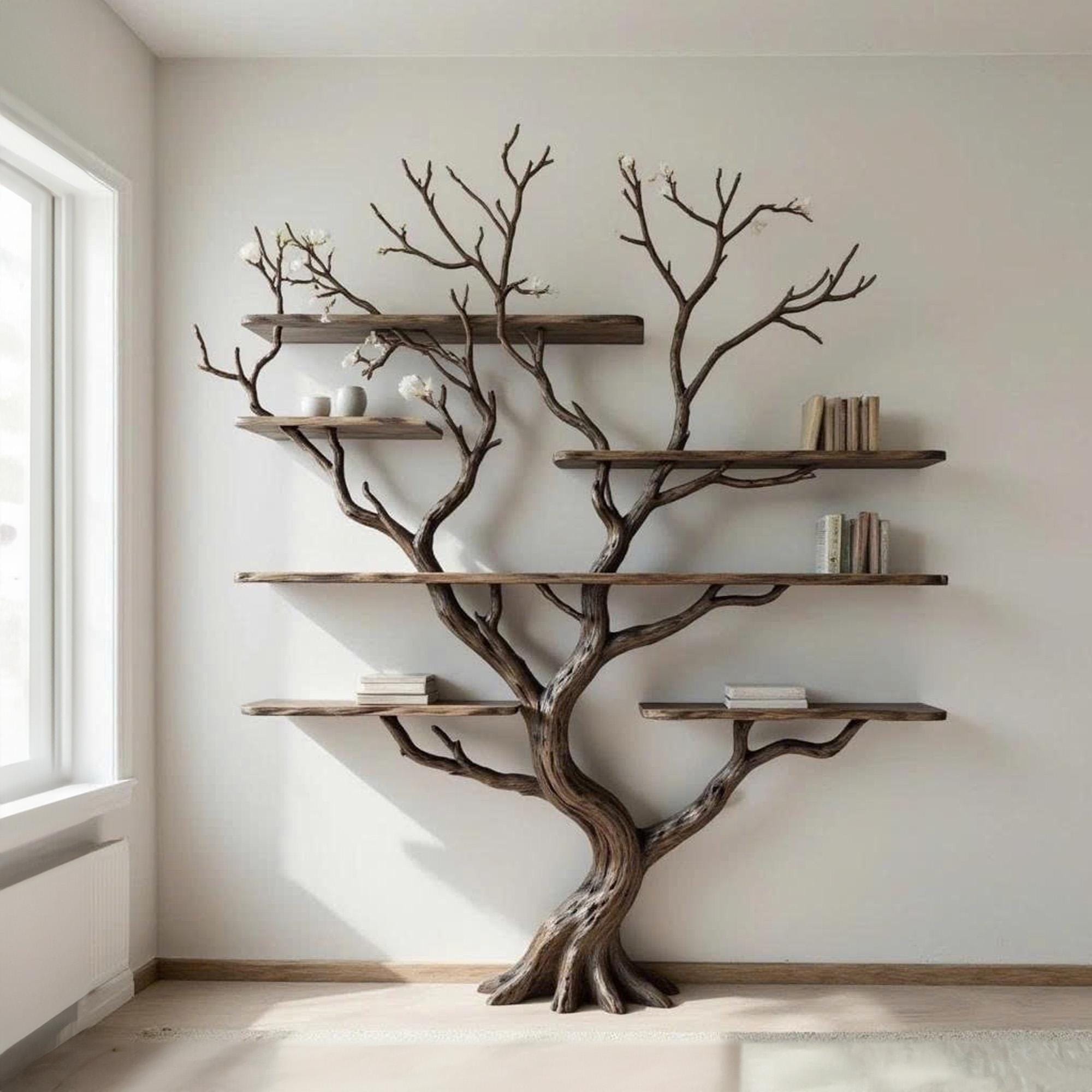 Driftwood Tree Branch Bookshelf: Rustic Wood Carving Wall Art