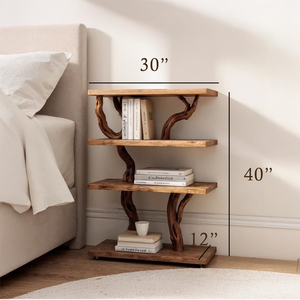 Natural wall mount driftwood bookcase solid wood bookshelf rustic night stand mini bedside table handmade furniture for bed room
