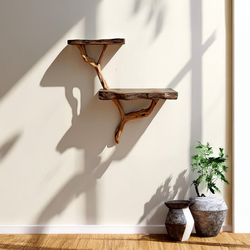 Driftwood floating shelf tree branch wall mount solid wood bookshelf art rustic decor handmade furniture