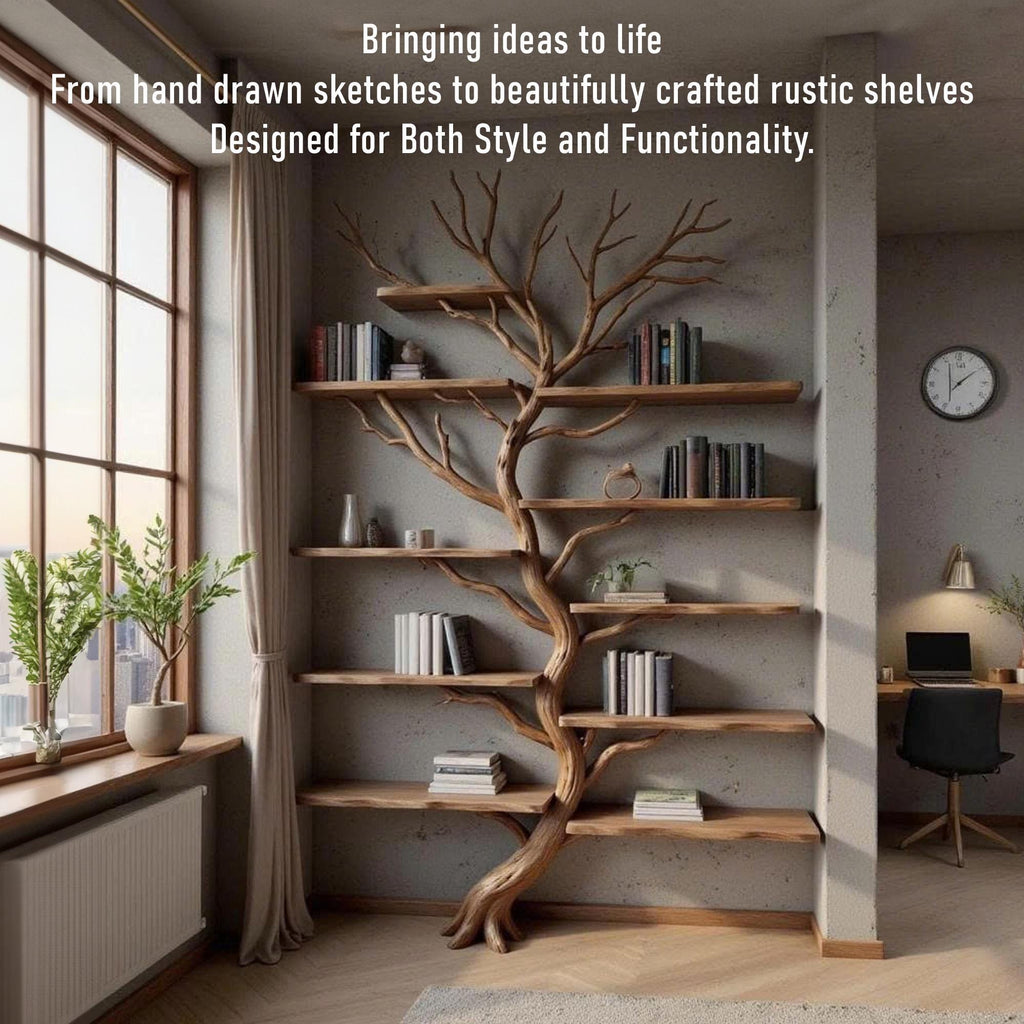 Driftwood corner tree branch solid wood bookshelf wall mount floating live edge furniture decoration