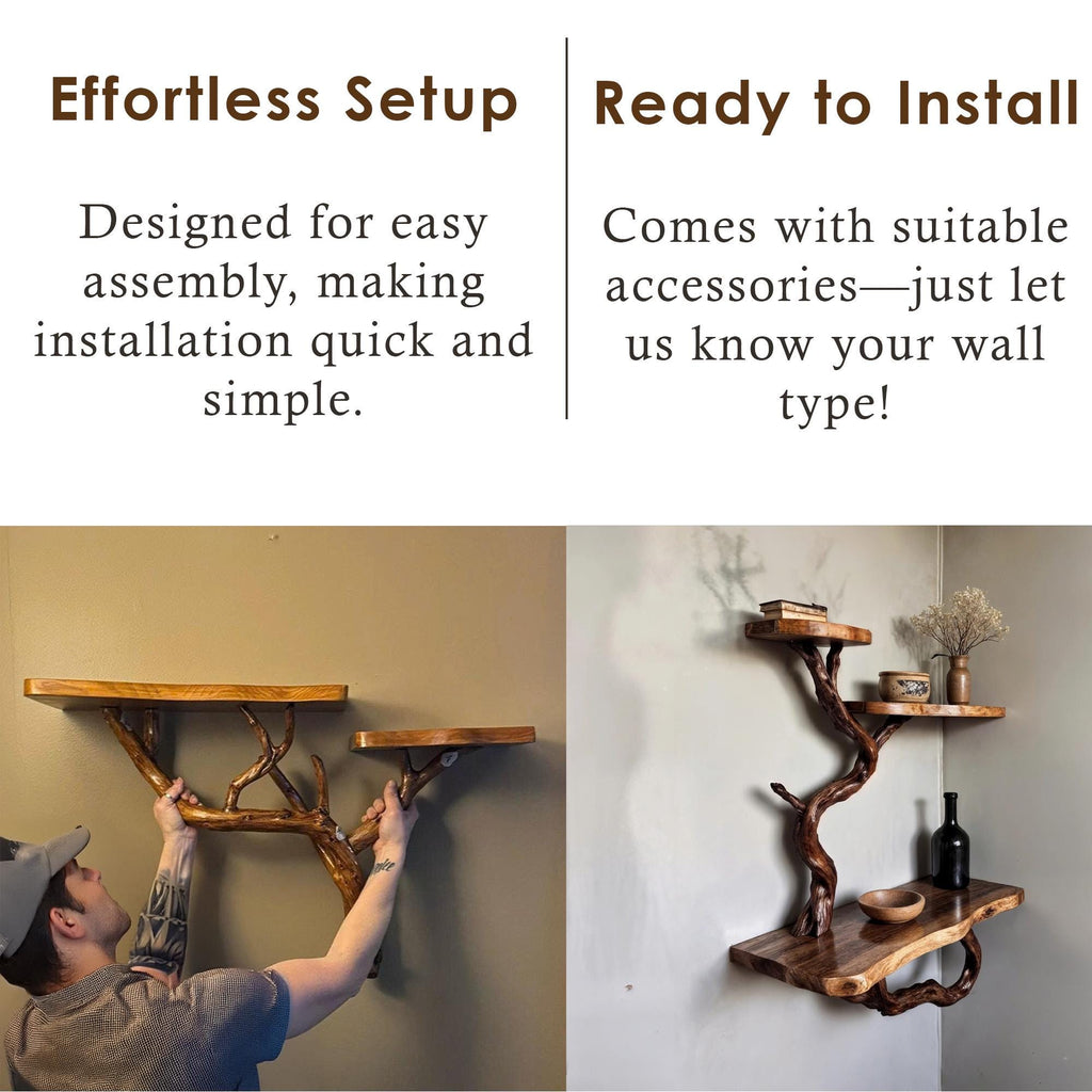 Floating book shelf wood corner tree branch shelves wall mount unique bookshelf decor driftwood art decor for home