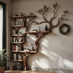 Corner dark tree bookshelf antique driftwood branch  solid wood bookcase floor standing wall mount shelf