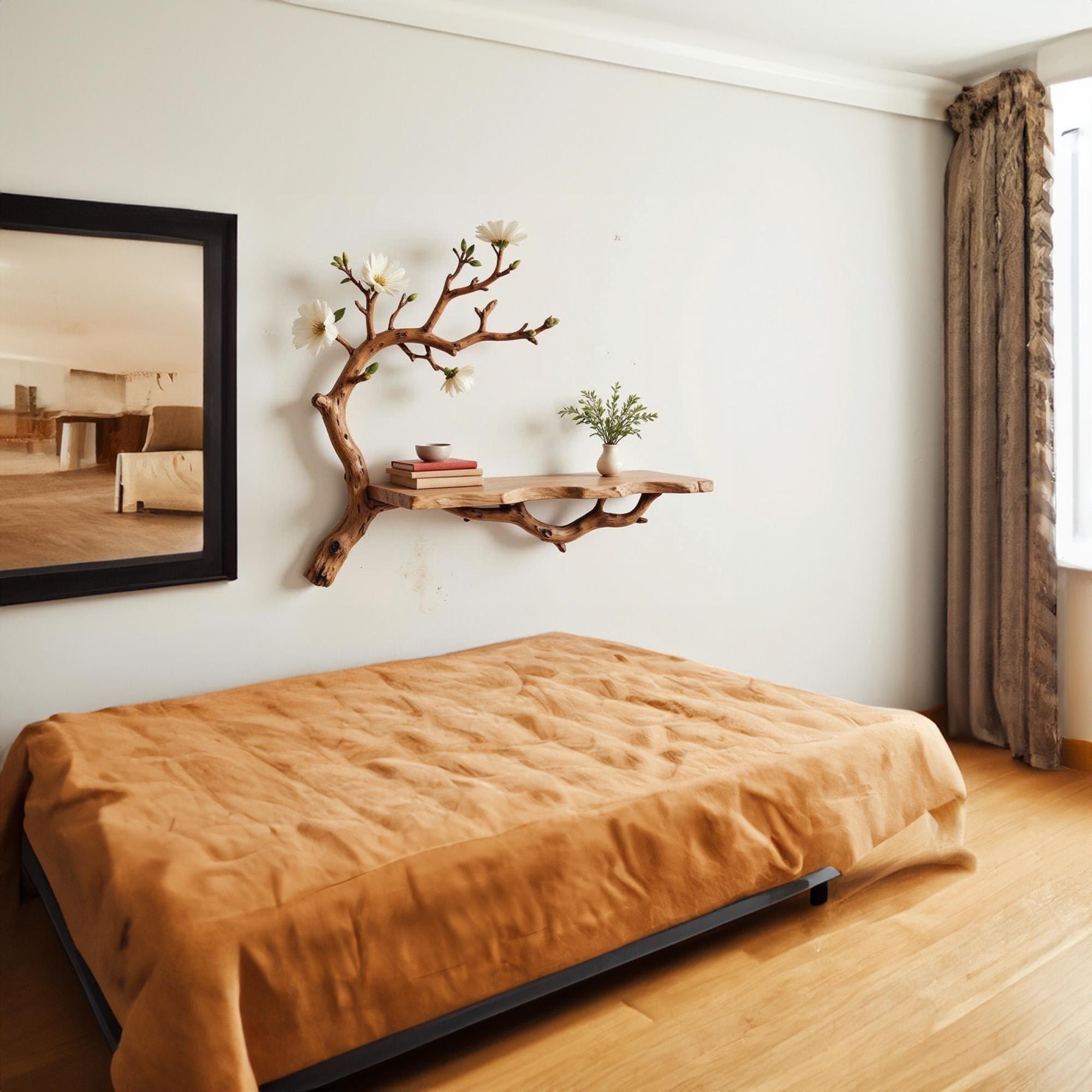 Floating book shelf driftwood branch on wall fake flowers live edge shelves decor for home