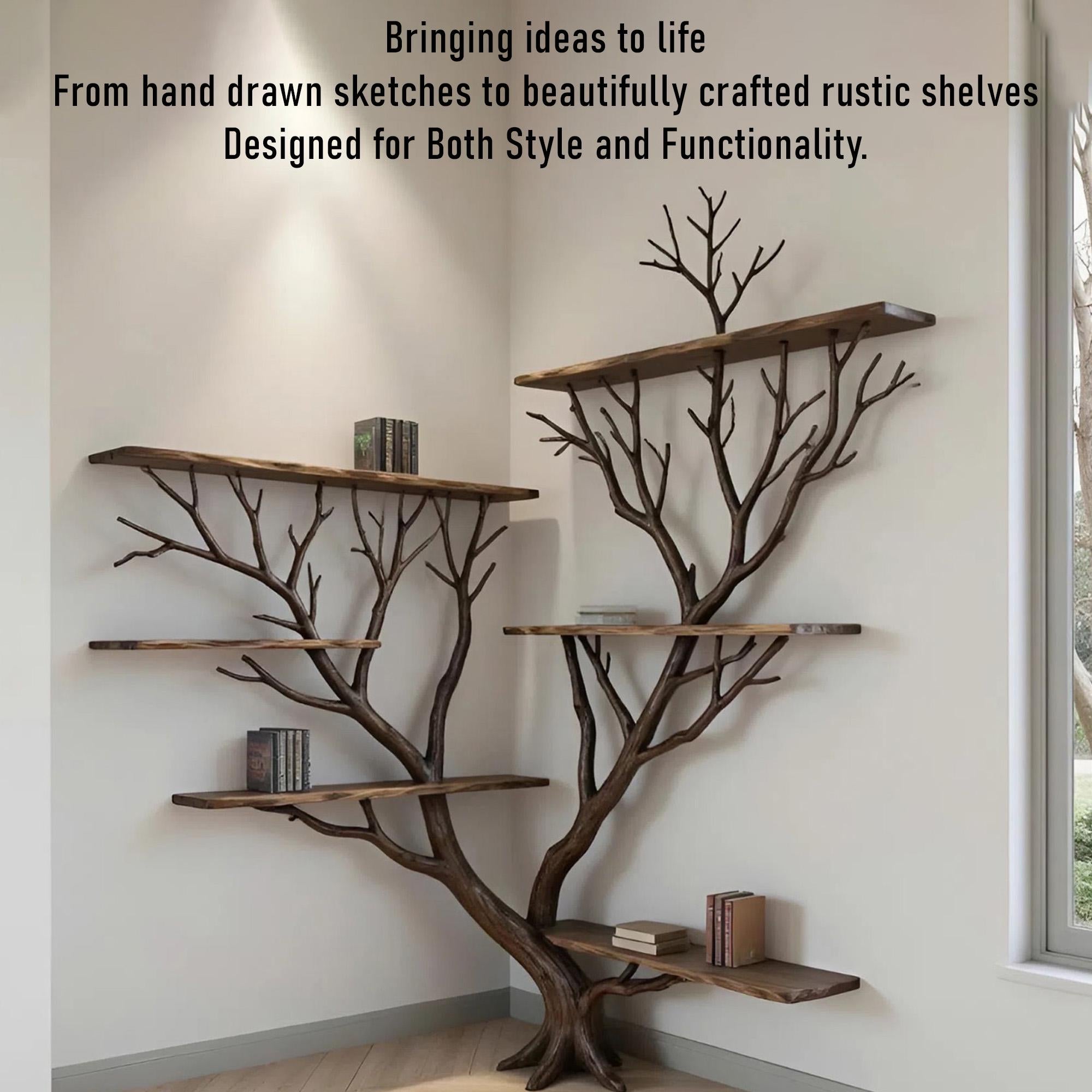 Tree branch corner floating bookshelf solid wood bookcase wall mount driftwood art decor