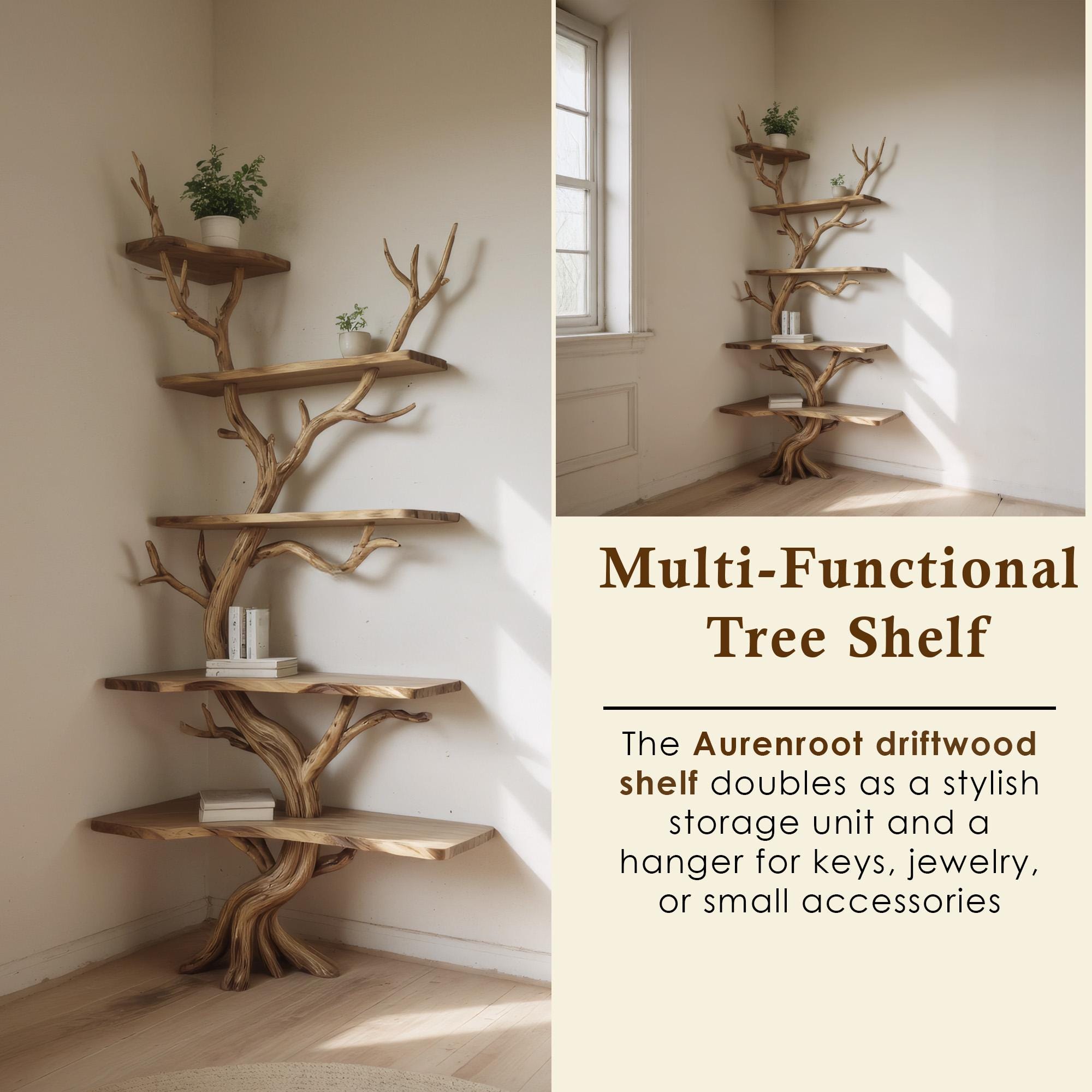 Corner driftwood shelf tree branch bookshelf floating shelf wall mount solid wood bookcase drift wood decor live edge shelves furniture